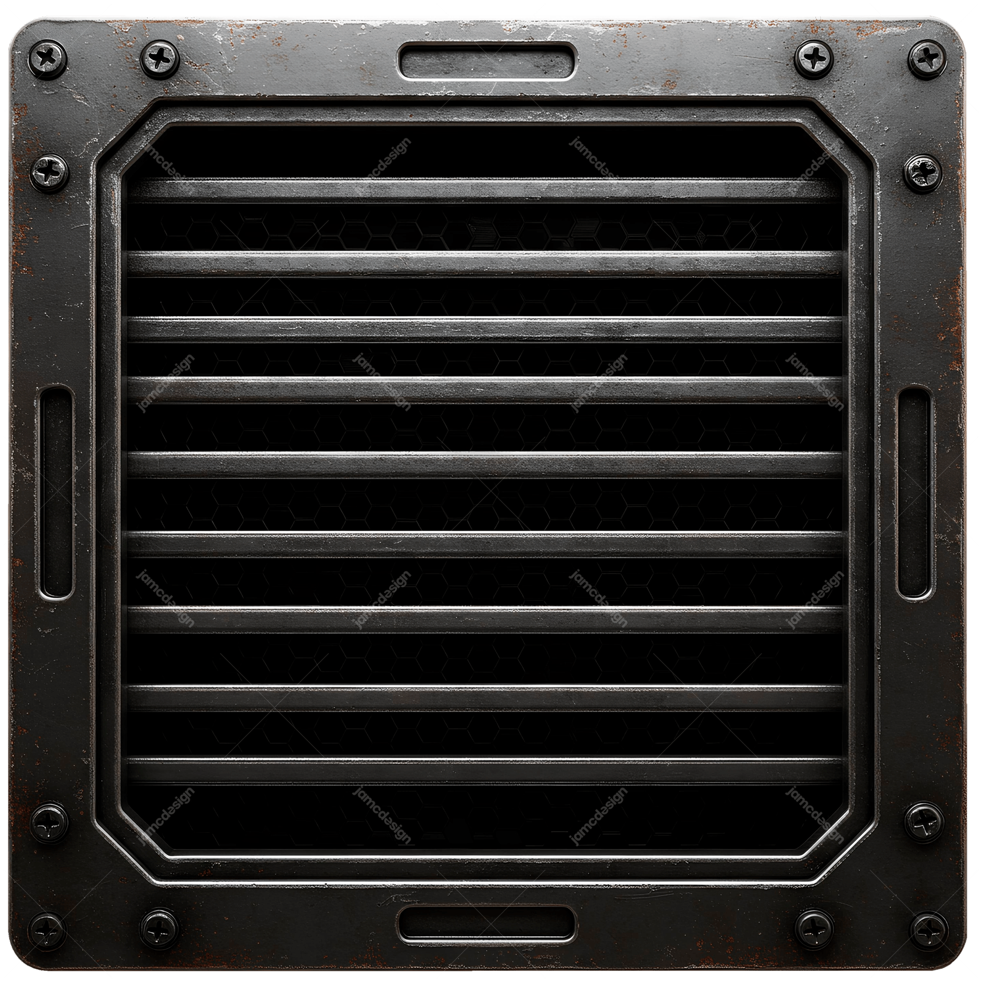 Square Industrial Metal Grille Dark Frame PNG Transparent. Industrial metal grille supplied as a PNG transparent object, featuring a dark distressed frame