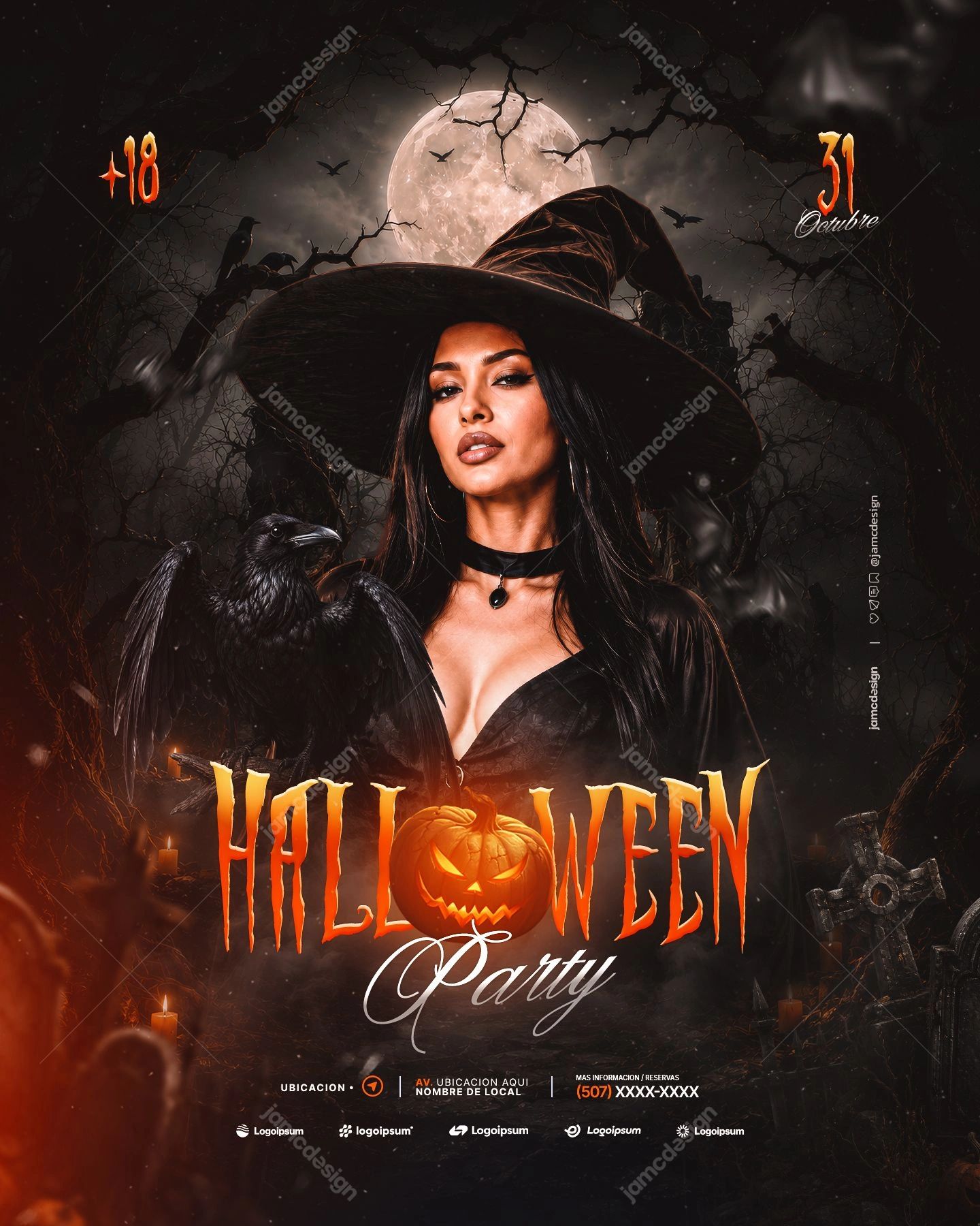 Halloween Dark Witch Portrait Party Flyer PSD. Editable PSD event flyer template for a Halloween party, showing a witch styled woman in black beside a crow