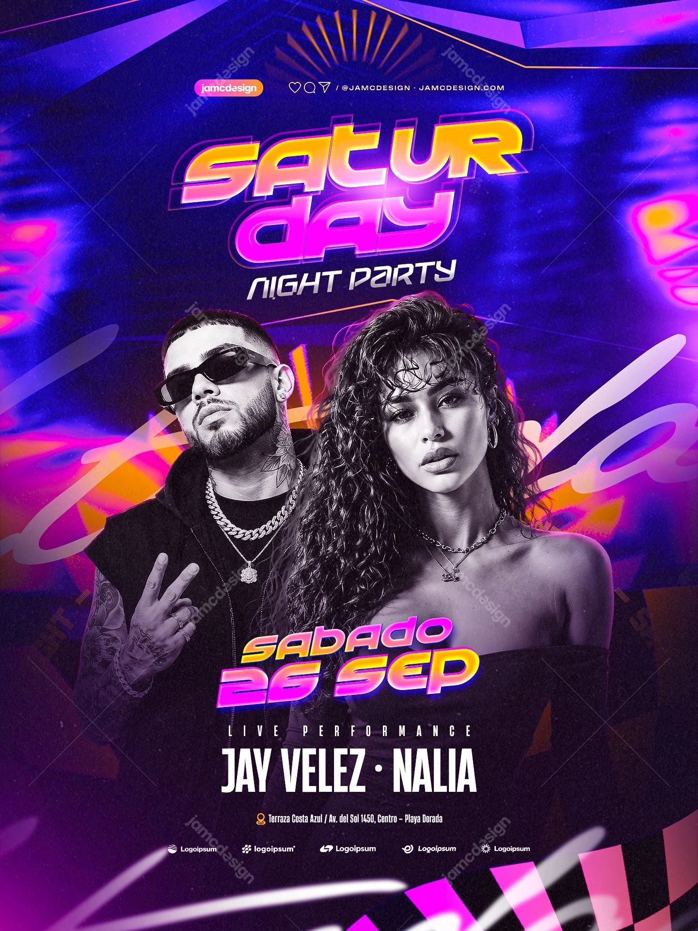 Saturday Night Neon Performer Duo Flyer Template PSD. Editable PSD event flyer template featuring a man and woman performer duo, bold condensed lettering