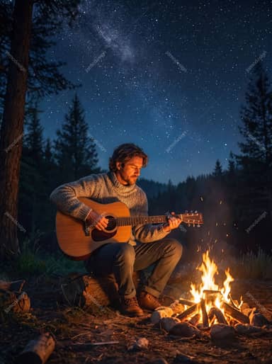 Man Playing Acoustic Guitar By Campfire Under Starry Sky