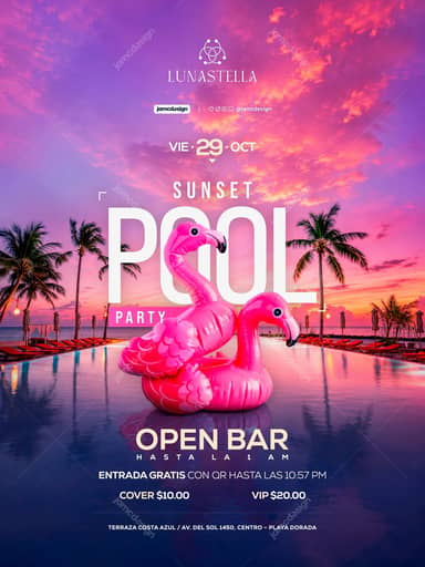 Modèle de Flyer de Pool Party au Coucher du Soleil avec Flamants Néon PSD