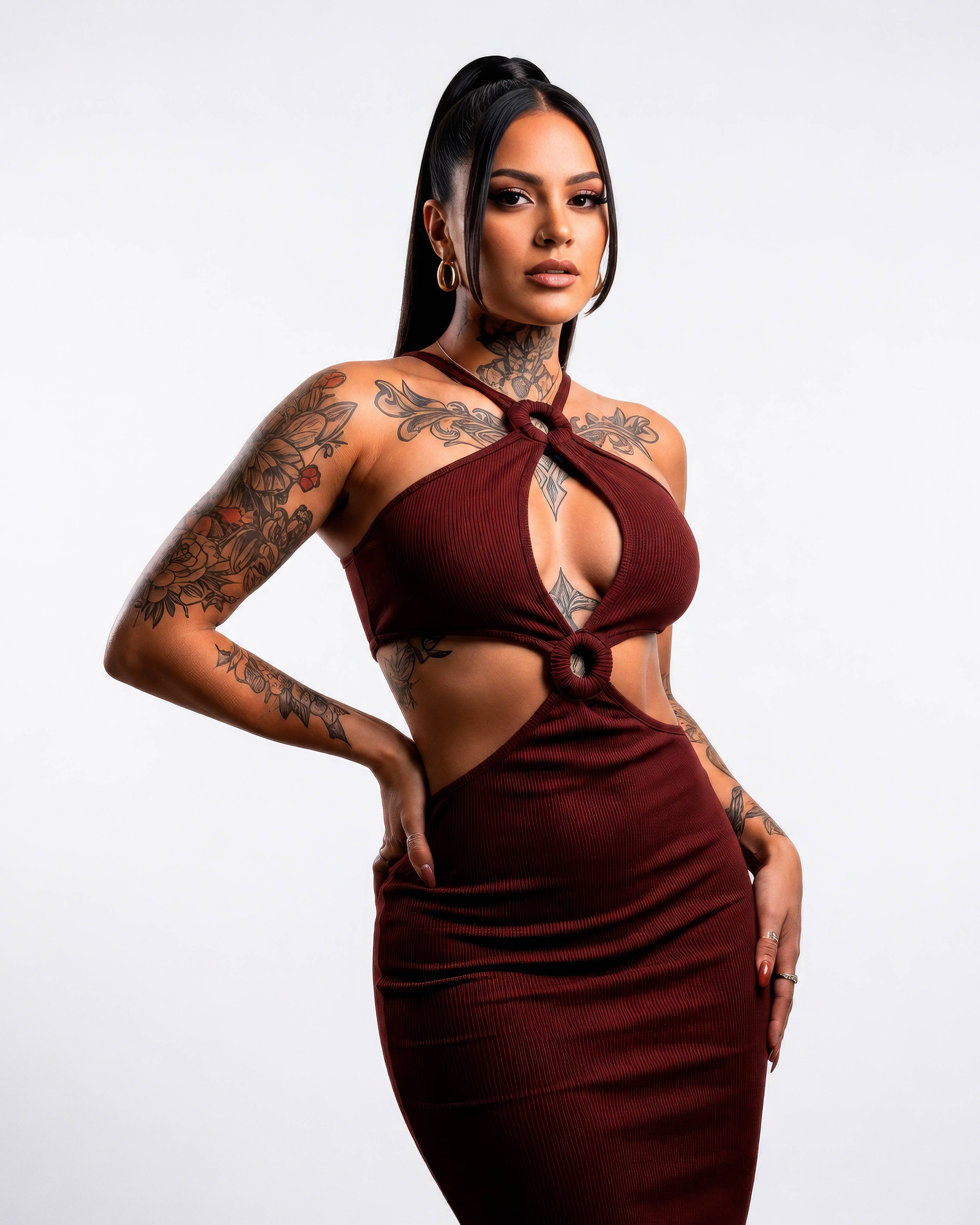 Burgundy Dress Tattooed Woman Portrait