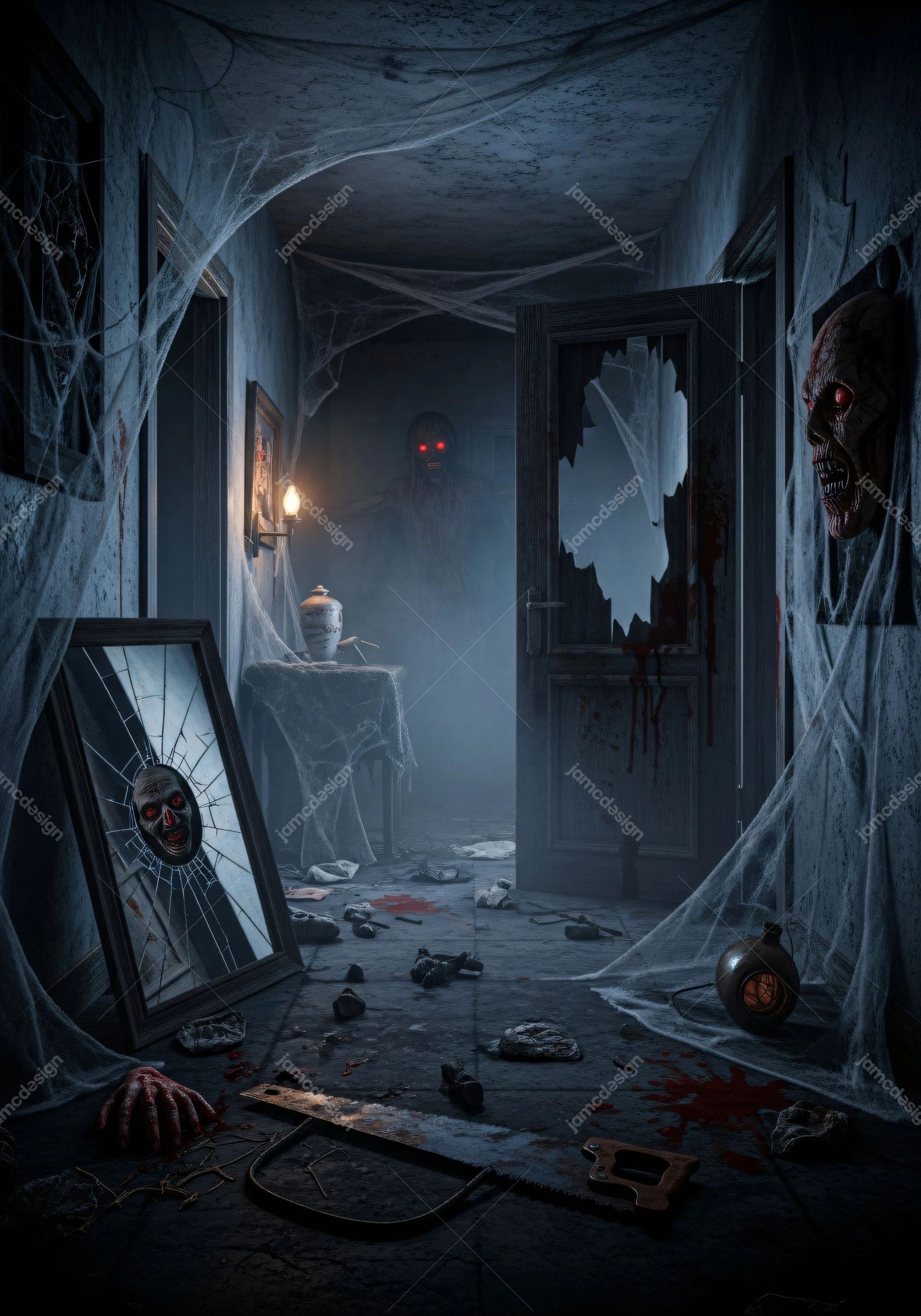 Abandoned Haunted Room Open Door Broken Mirror Horror Background. JPG background showing an abandoned haunted room with an open door, shattered mirror