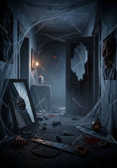 Abandoned Haunted Room Open Door Broken Mirror Horror Background