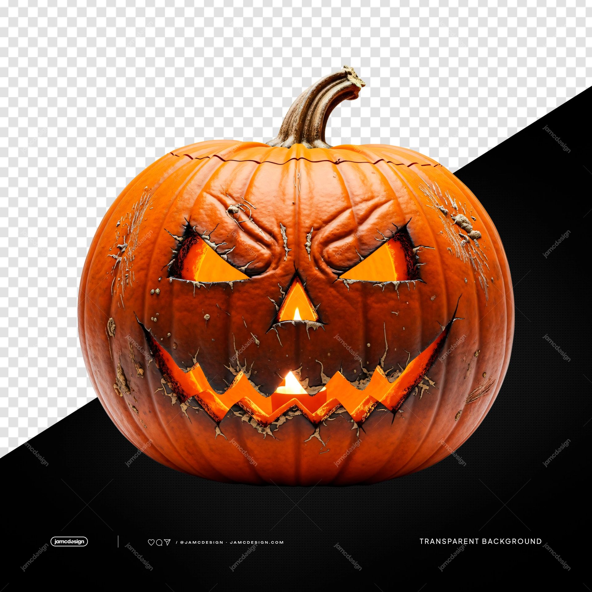 Classic Orange Jack O Lantern Pumpkin PNG Transparent. Realistic PNG transparent object featuring a classic orange jack o lantern pumpkin with a deeply carved