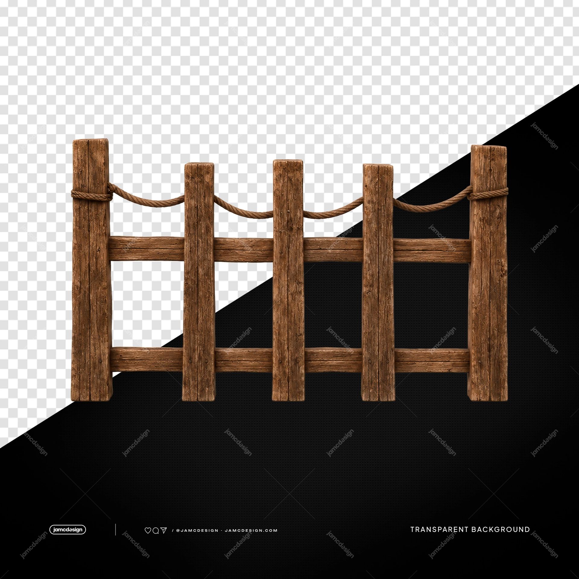 Cerca Rústica de Madeira e Corda com Postes Envelhecidos PNG Transparente. Objeto PNG transparente com uma cerca rústica de madeira e corda, com postes