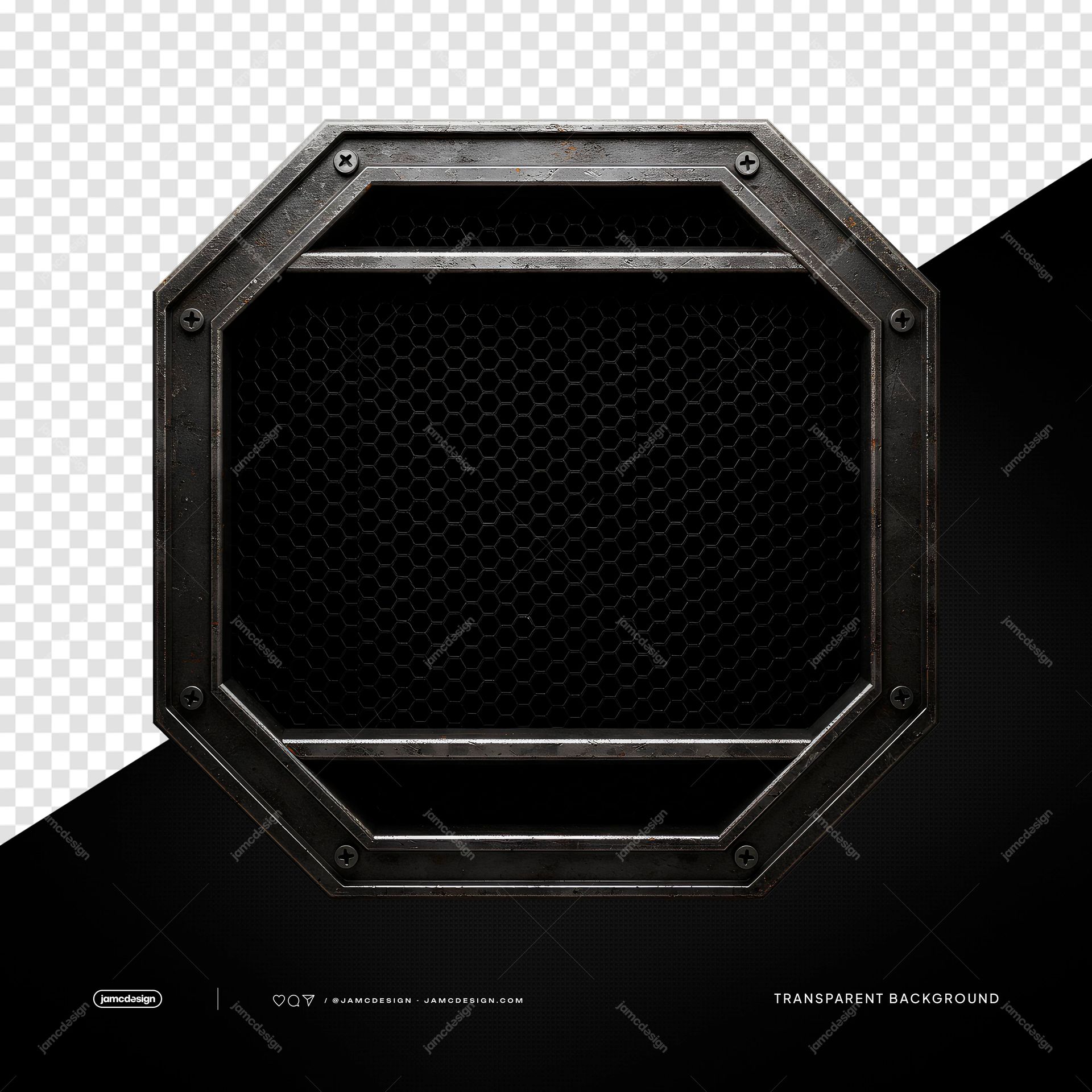 Octagonal Honeycomb Metal Grille PNG Transparent. Finished PNG transparent object showing an octagonal metal grille with a dark honeycomb mesh