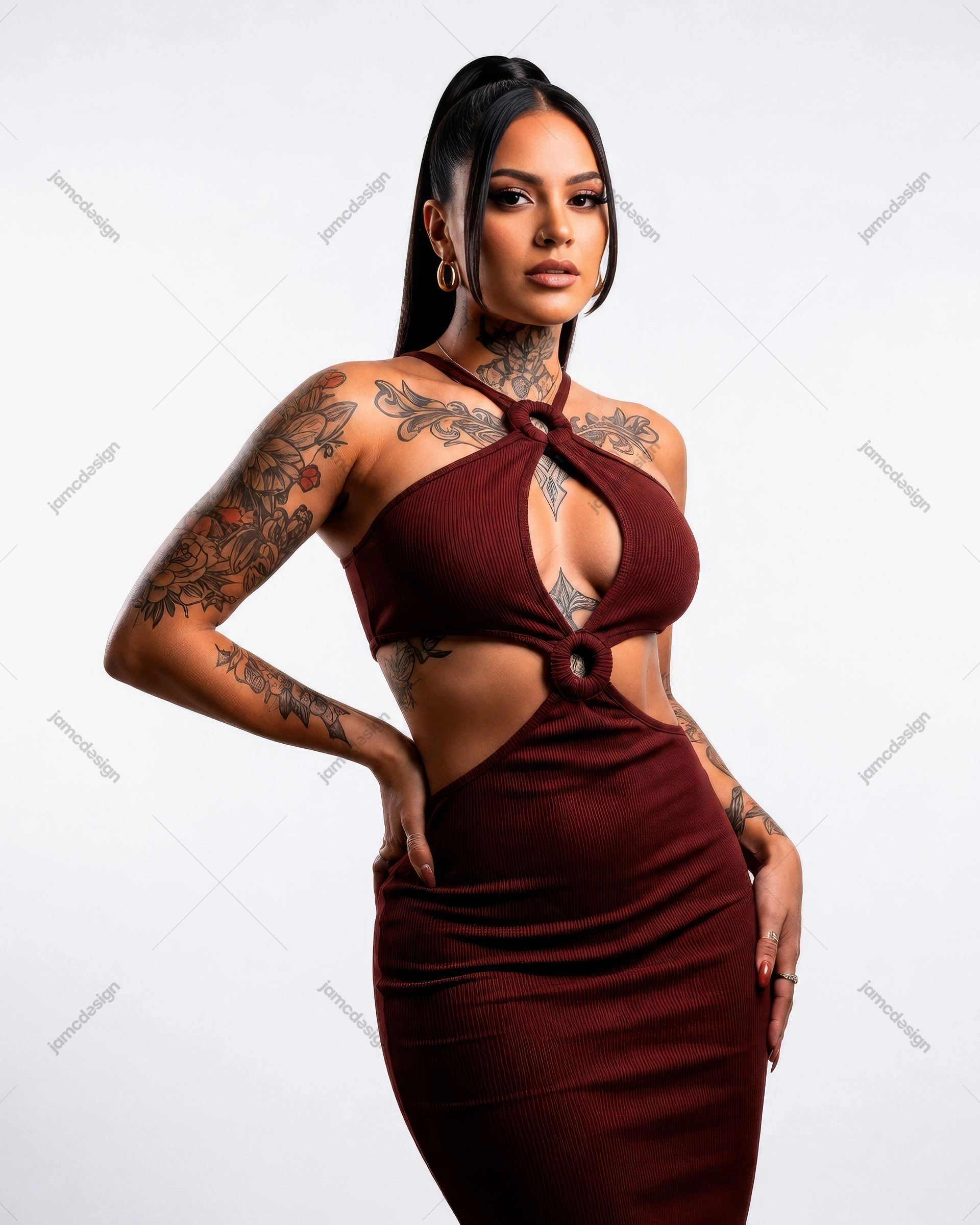 Burgundy Dress Tattooed Woman Portrait