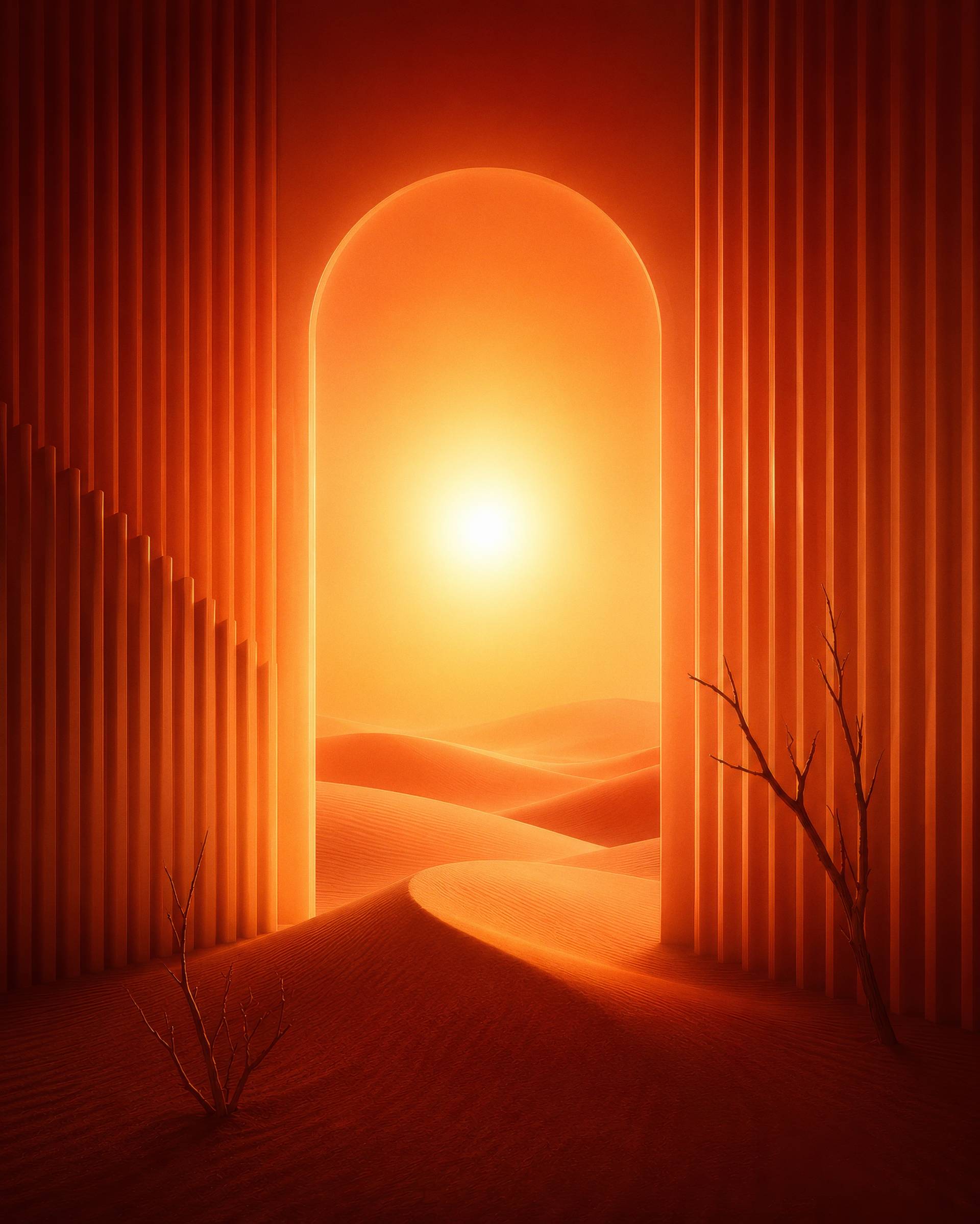 Surreal Desert Portal with Glowing Sun and Orange Dunes Background