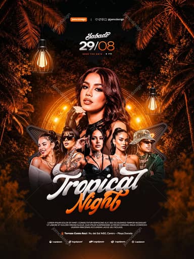 Tropical Night Amber Palm Models Event Flyer PSD