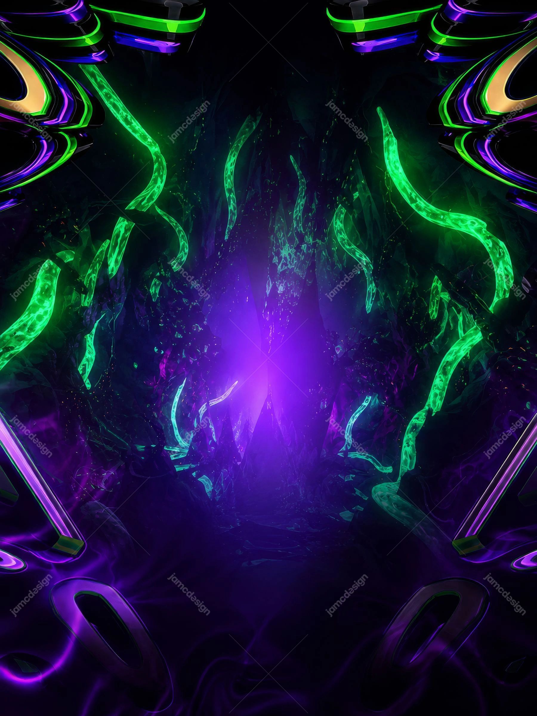 Neon Green Sci-Fi Tentacle Portal Purple Portal Glow Background. Neon sci fi portal background JPG featuring glowing green tentacle forms around a vivid purple