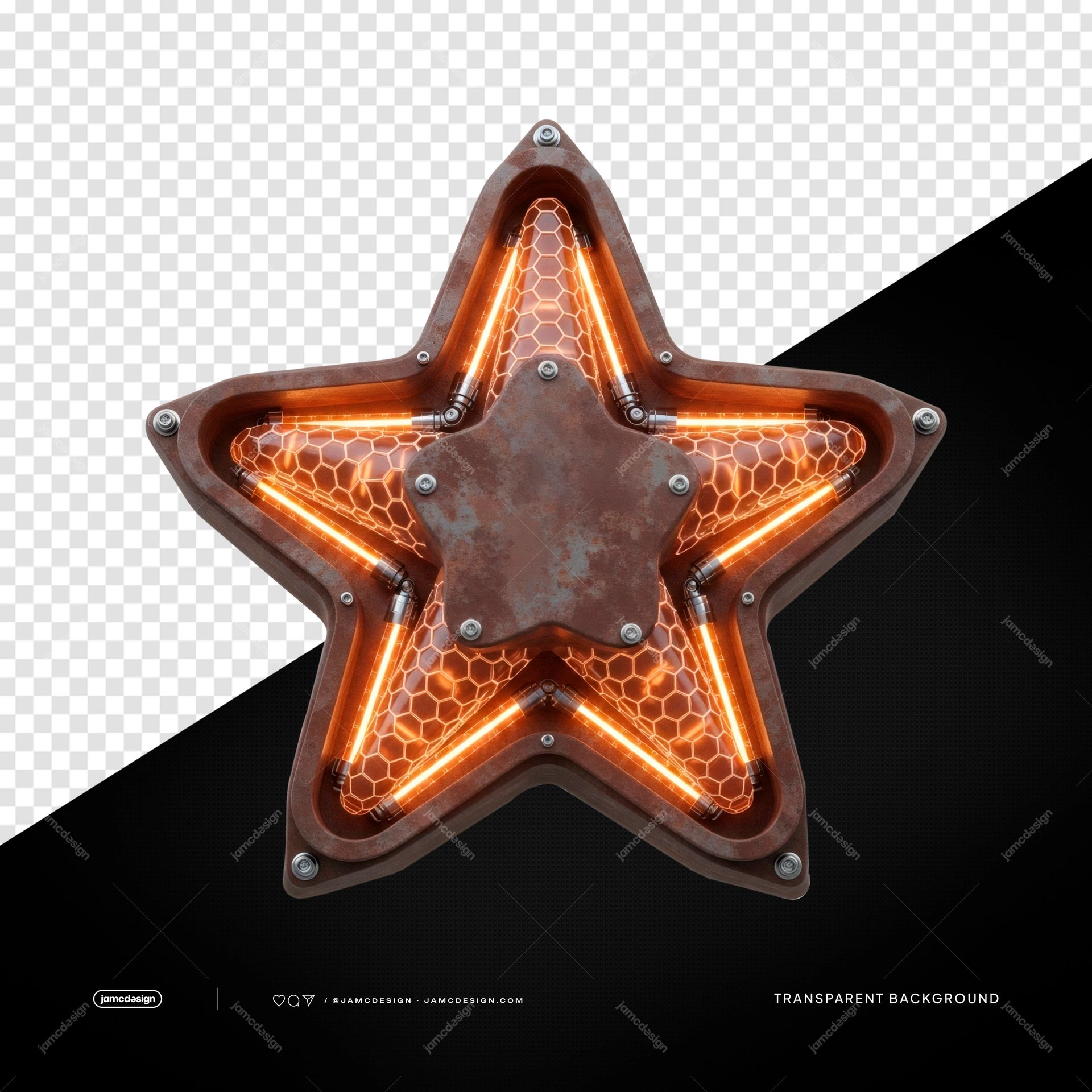 Lámpara de Estrella con Neón Naranja y Panal Oxidado PNG Transparente. Objeto PNG transparente con una lámpara de estrella de cinco puntas