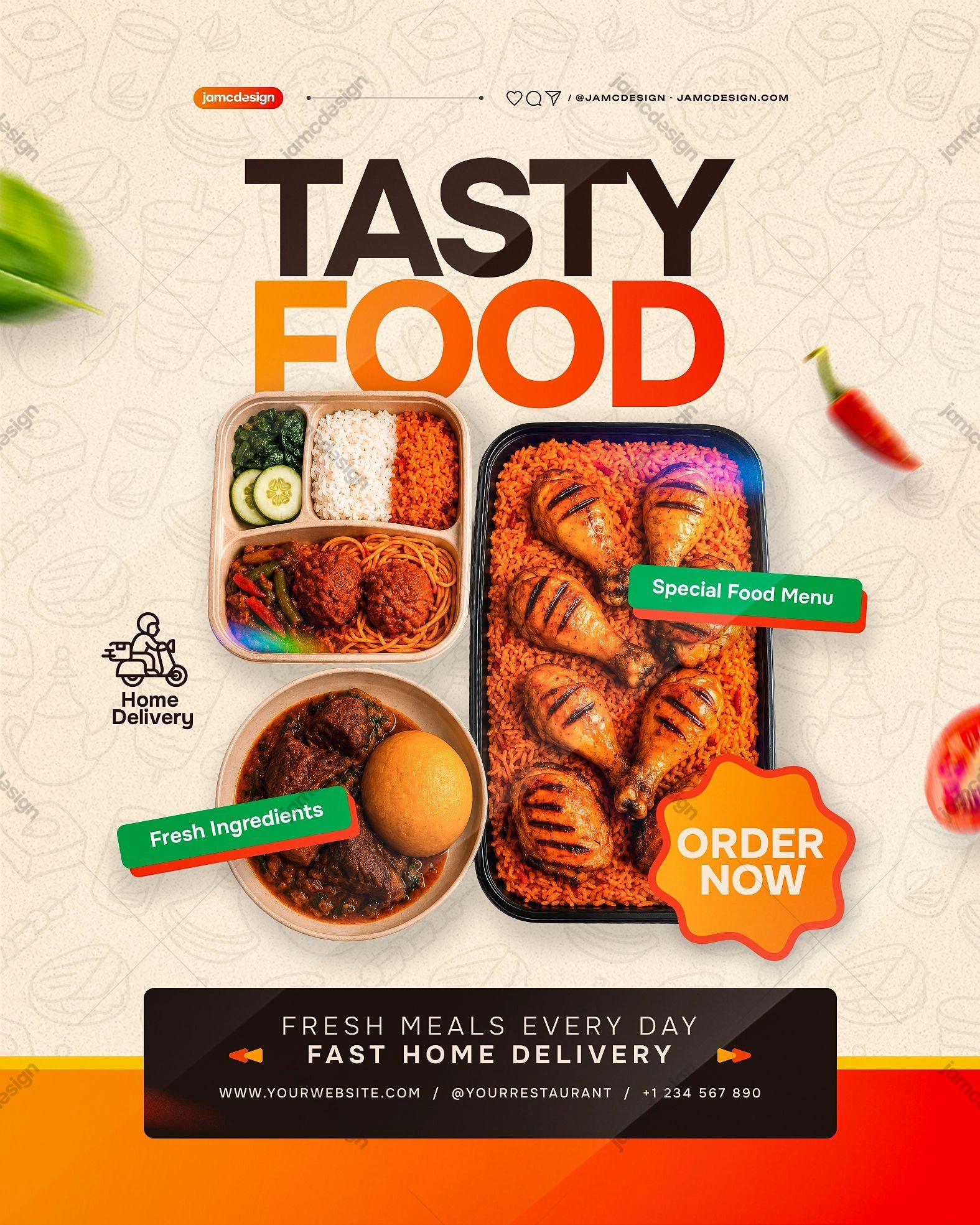 Tasty Food Delivery Restaurant Flyer Template PSD Editable. Editable PSD template for a food delivery social media flyer