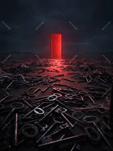 Red Door And Antique Keys Surreal Shadowy Crimson Field Background JPG