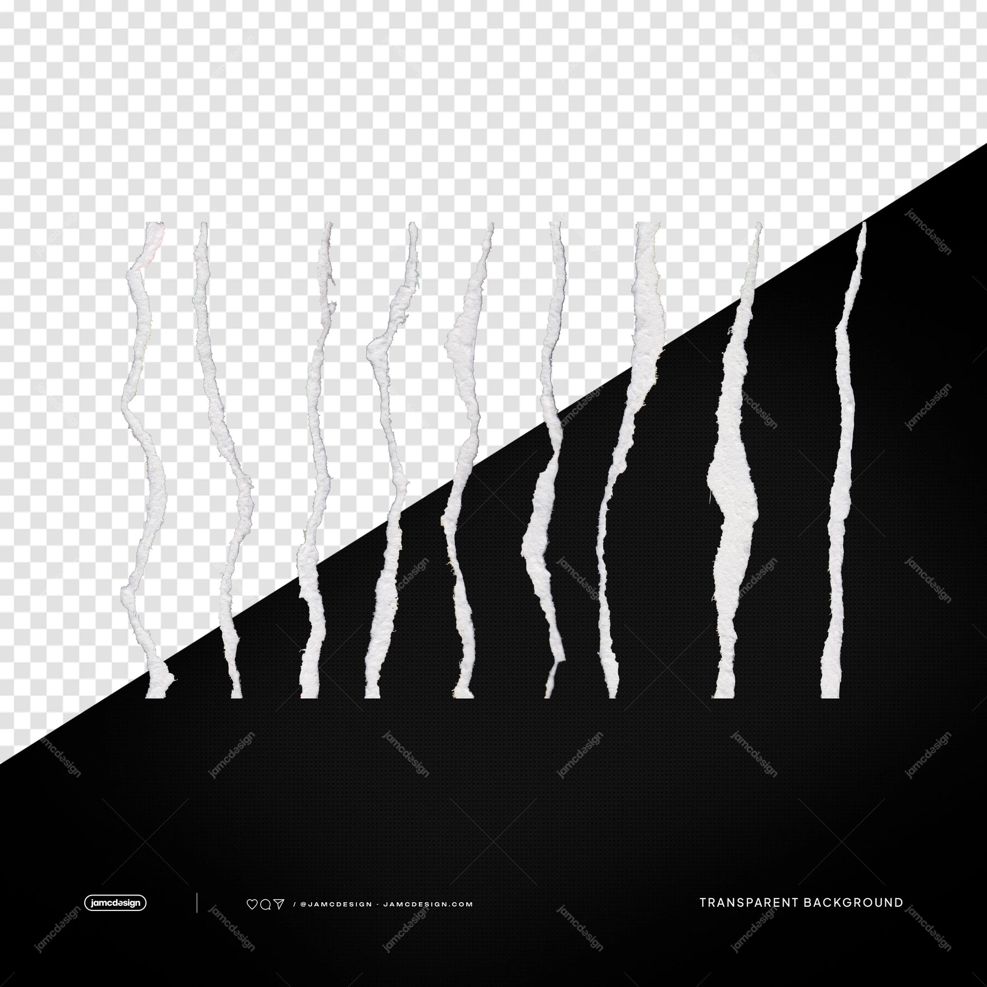Torn Paper Texture Lines White Distressed Strips PNG Transparent. PNG transparent object featuring multiple narrow white torn paper strips with rough