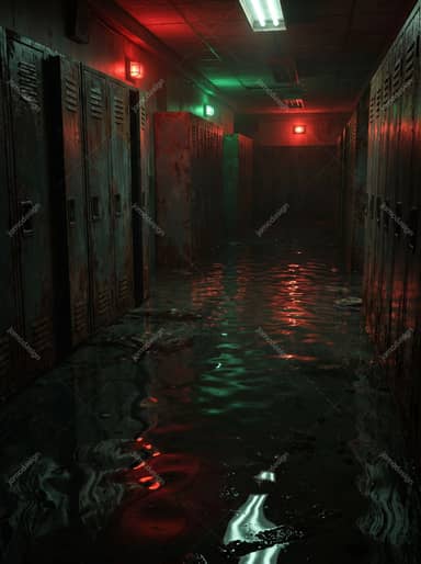 Flooded School Locker Hallway Horror Red Green Water Background JPG