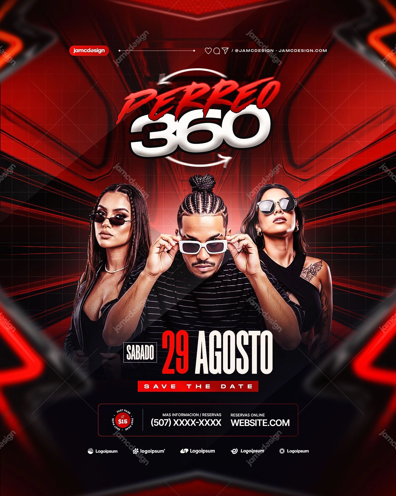 Perreo 360 Social Media Flyer Design Template PSD Editable. Editable PSD template for a Perreo 360 social media flyer combining a dark red and black