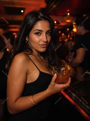 Woman Holding Amber Cocktail At Nightclub Bar Warm Lit Portrait JPG