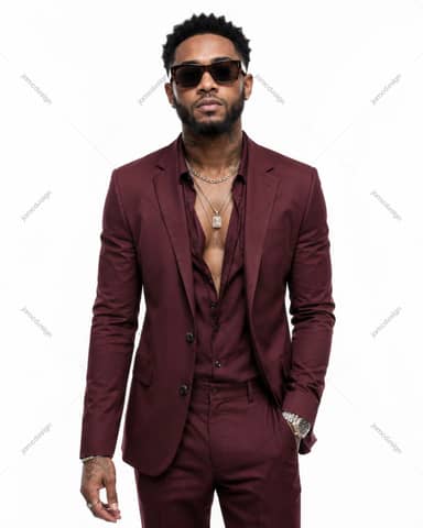 Hombre Negro Elegante con Traje Burdeos y Gafas de Sol