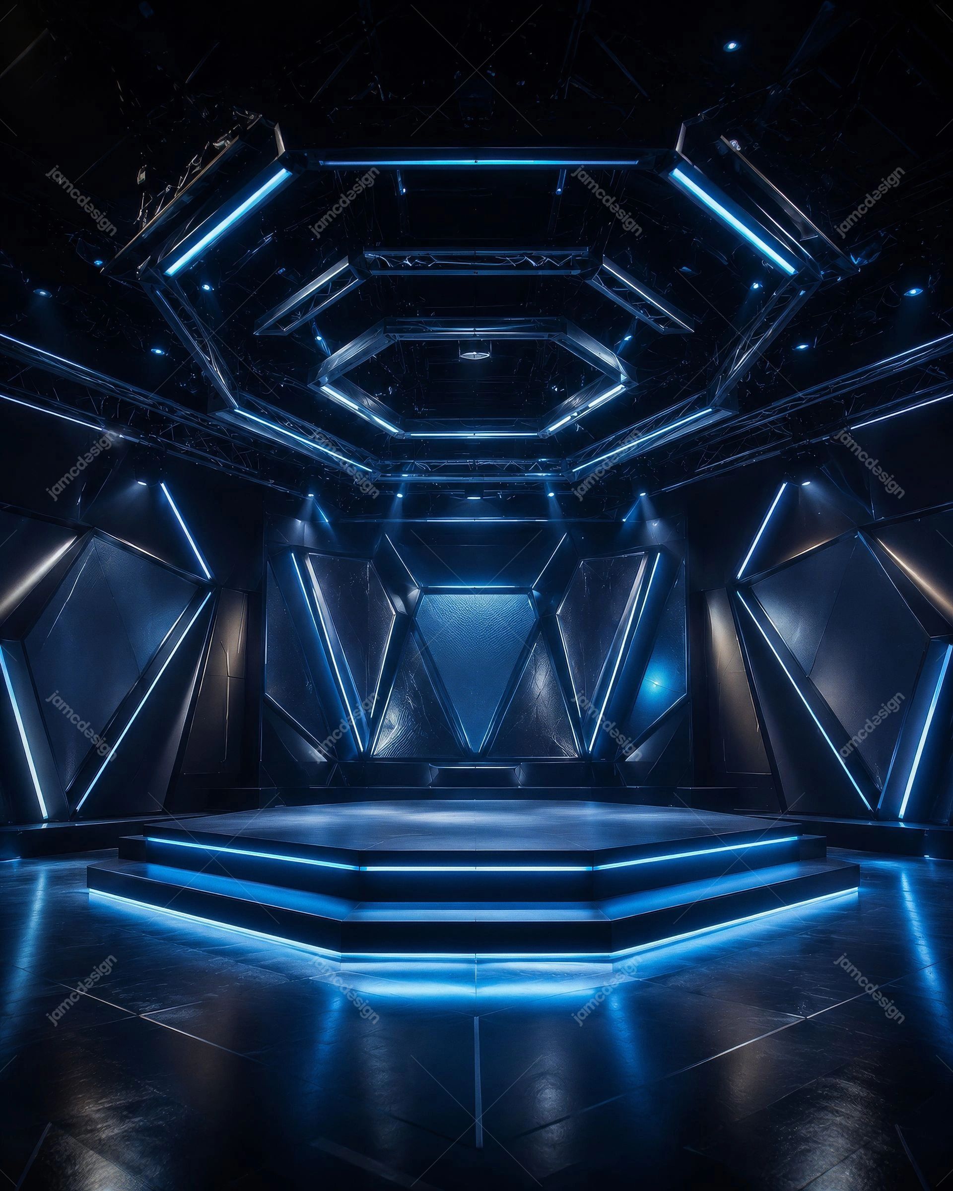 Futuristic Concert Platform with Blue Glowing Lights Background