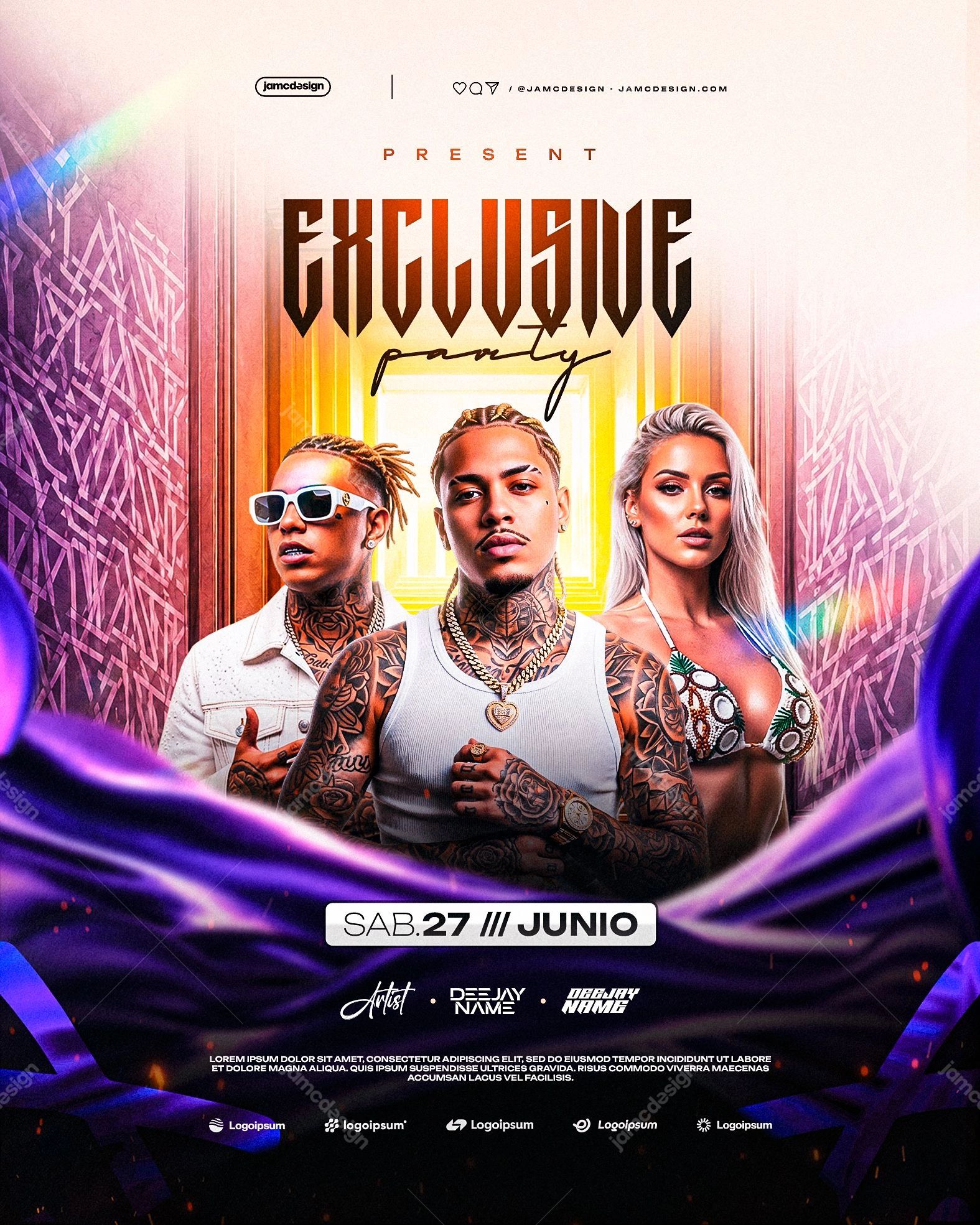 Exclusive Party Flyer Template PSD Editable. Editable PSD template for an exclusive party flyer with three figures, bold condensed lettering