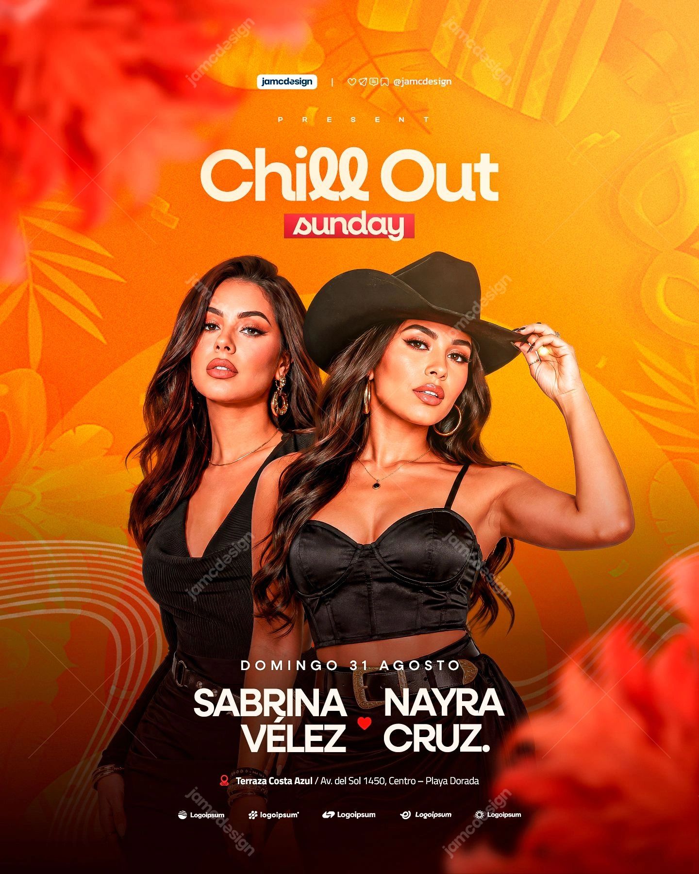 Chill Out Sunday Orange Fashion Portraits Event Flyer PSD. Editable PSD event flyer template for a Sunday party