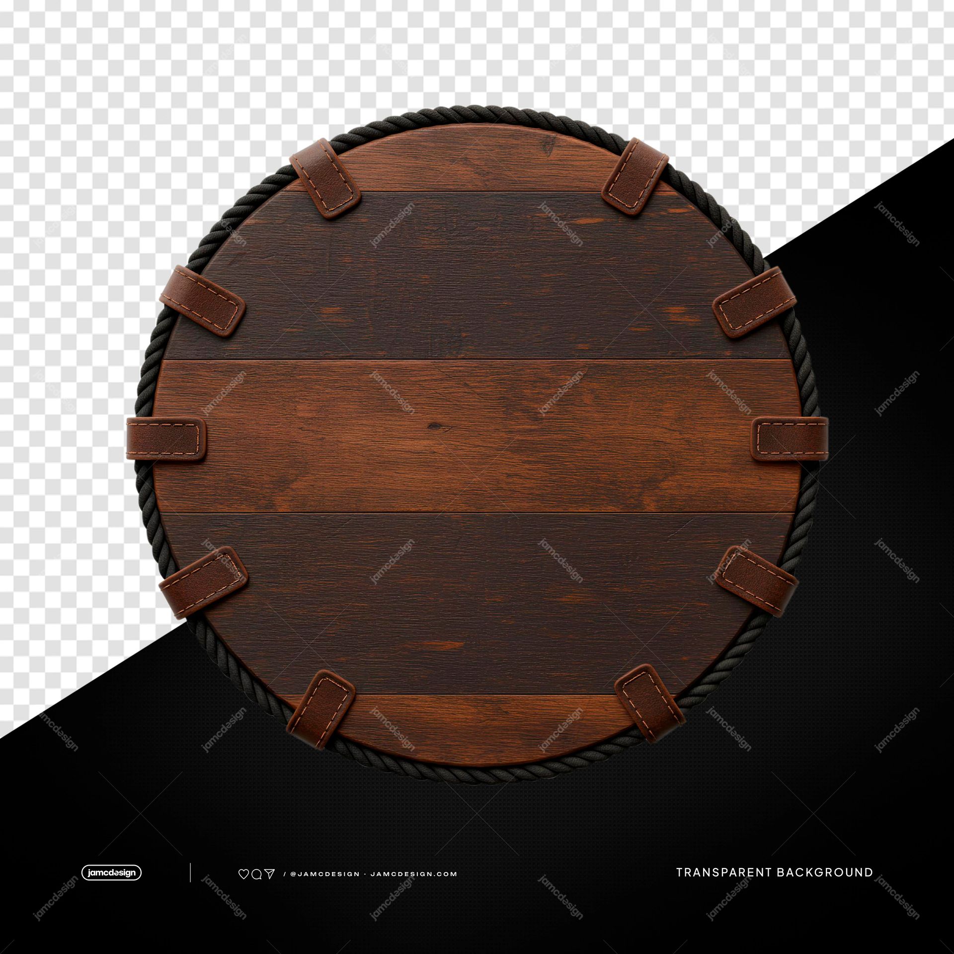 Weathered Wood Board With Leather Tabs PNG Transparent. Transparent PNG object showing a round weathered wood board edged with dark rope and secured