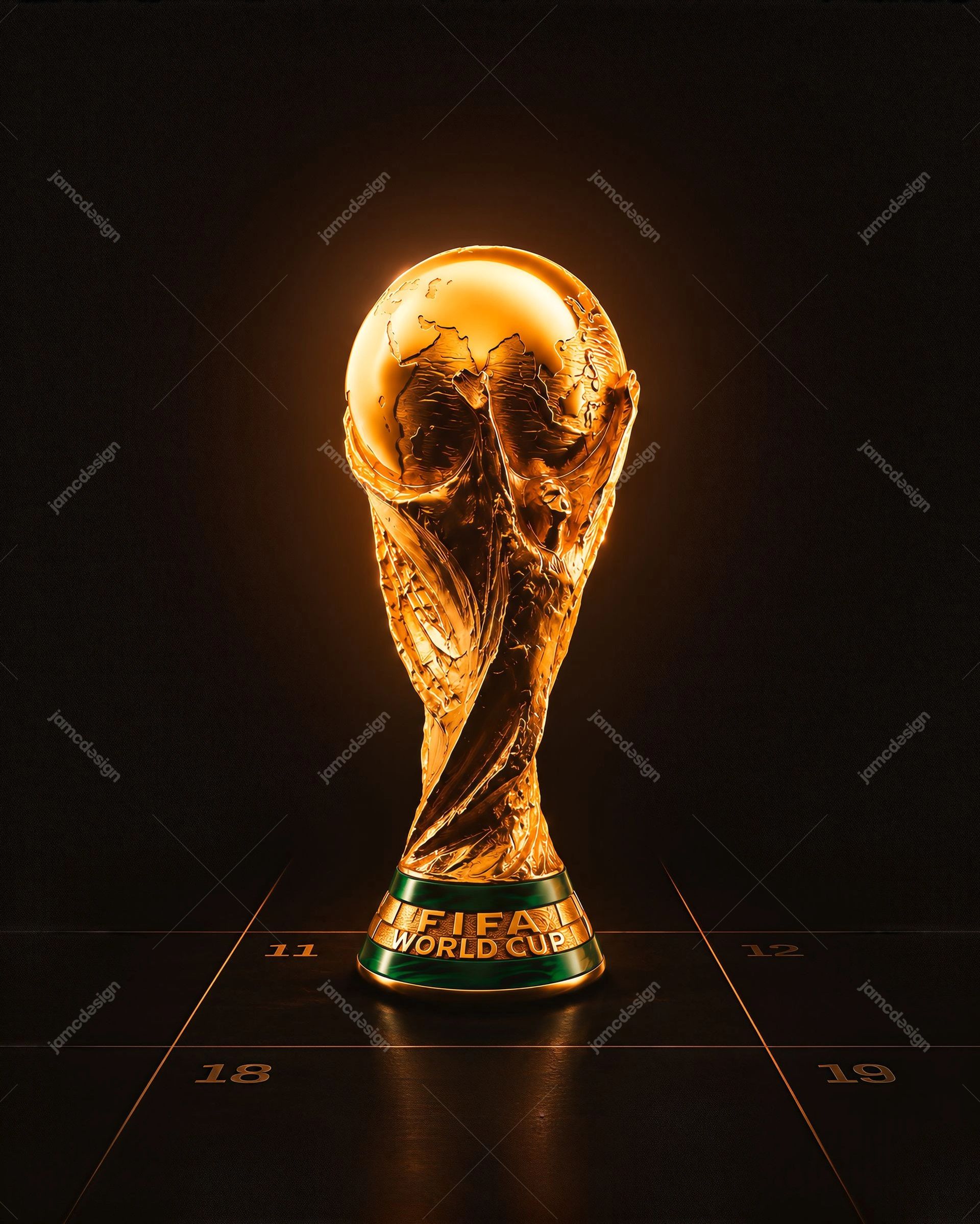 Golden Fifa World Cup Trophy On Black Background. Golden trophy render supplied as a finished PNG image