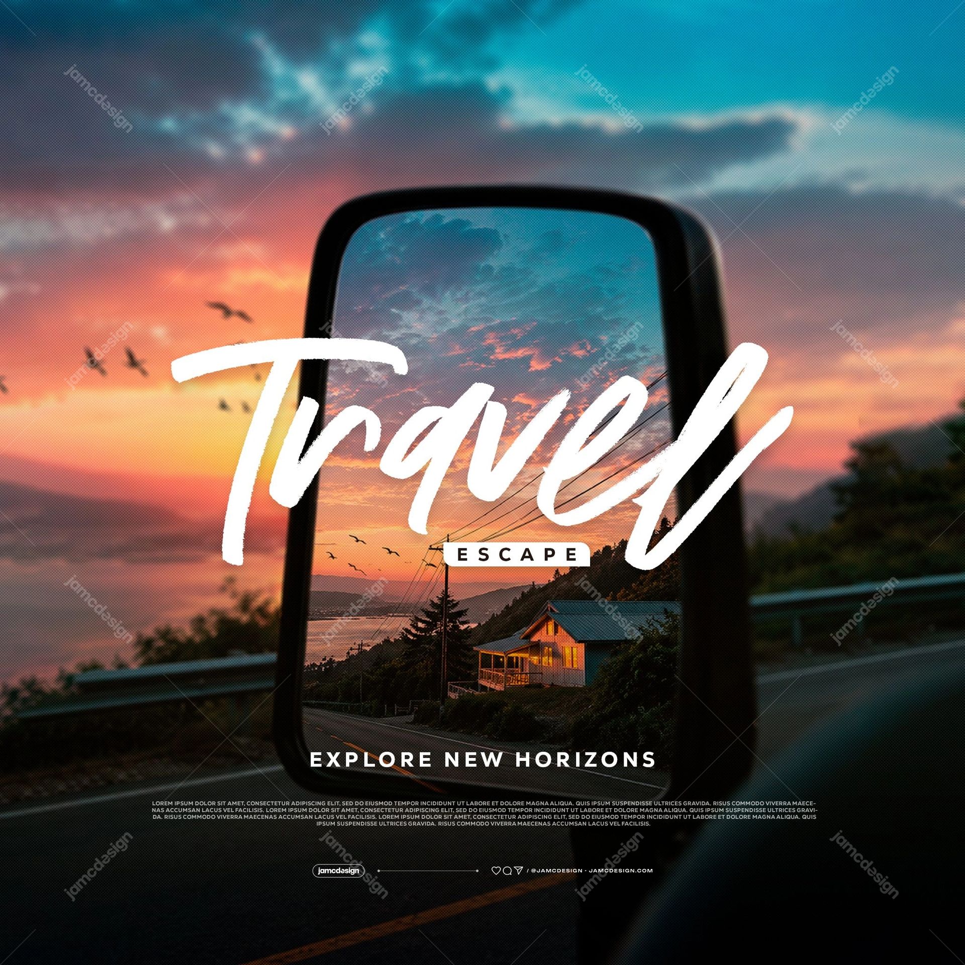 Travel Escape Flyer Template PSD Editable. Editable PSD travel flyer template built around a car side mirror that reflects a twilight scene with a hillside