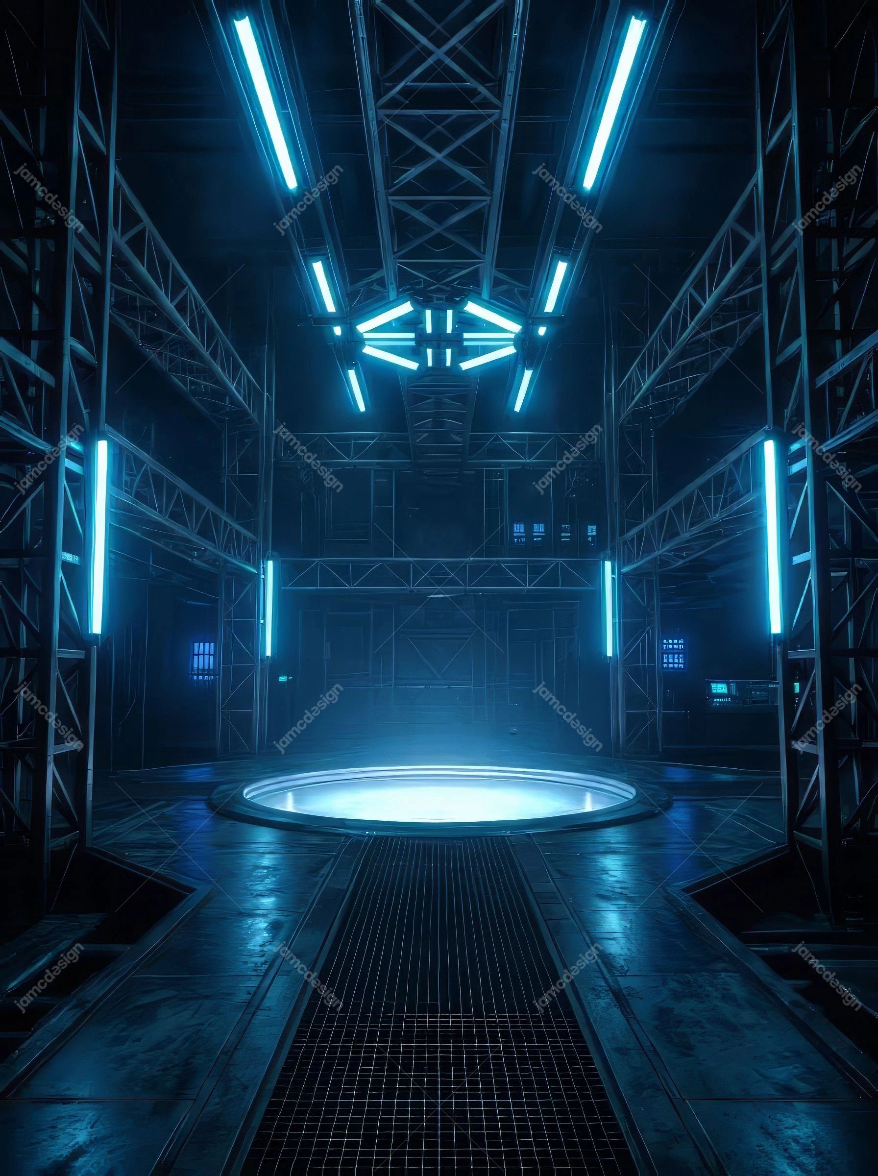 Futuristic Cyberpunk Sci Fi Room Neon Light Background. JPG background of a futuristic sci-fi room with metal scaffolding