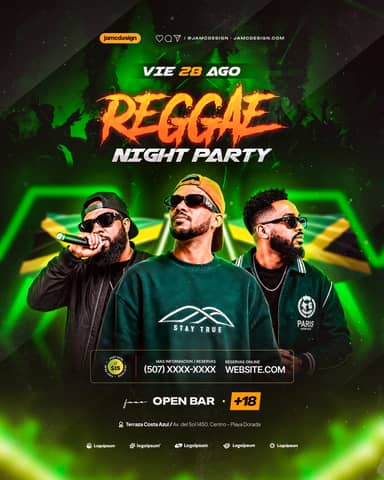 Reggae Night Party Event Social Media Flyer Design Template PSD Editable