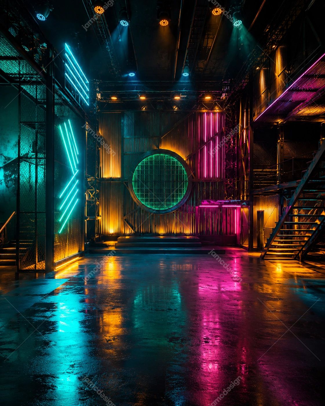 Cyberpunk Neon Warehouse Stage Background