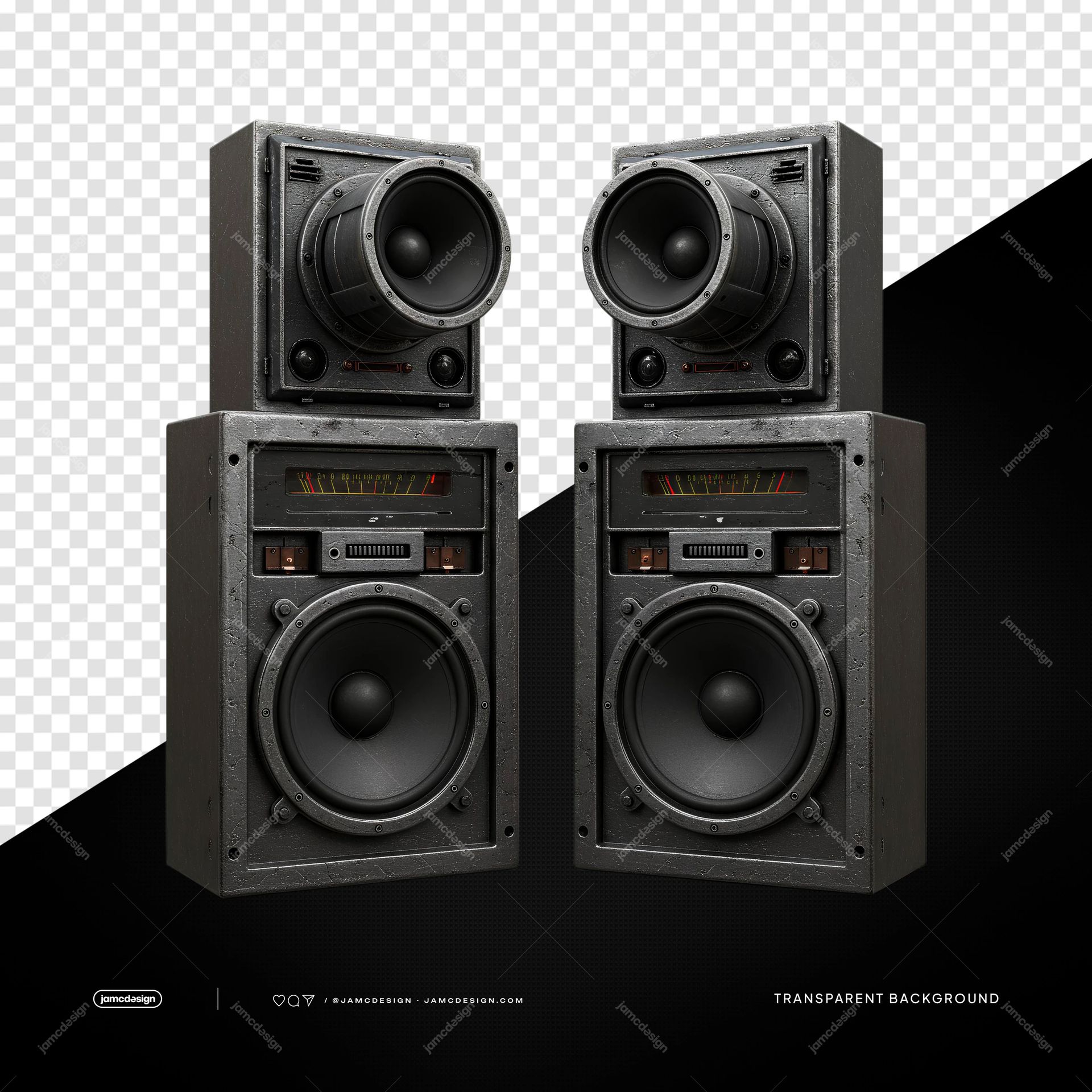 Torres de Altavoces Dobles Negras con Graves Separados PNG Transparente. Torres negras de altavoces dobles con cajas de graves independientes