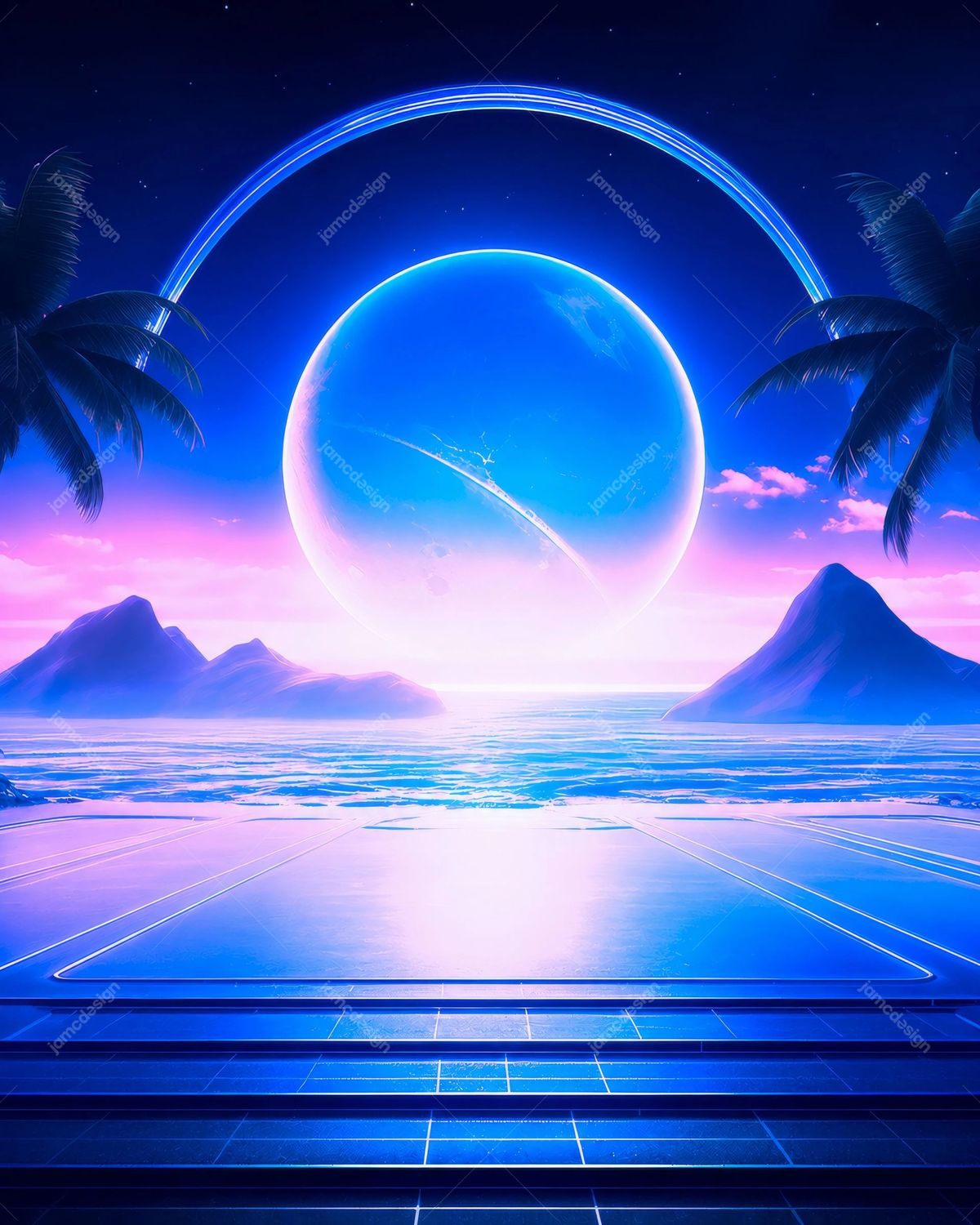Futuristic Tropical Neon Planet Stage Background