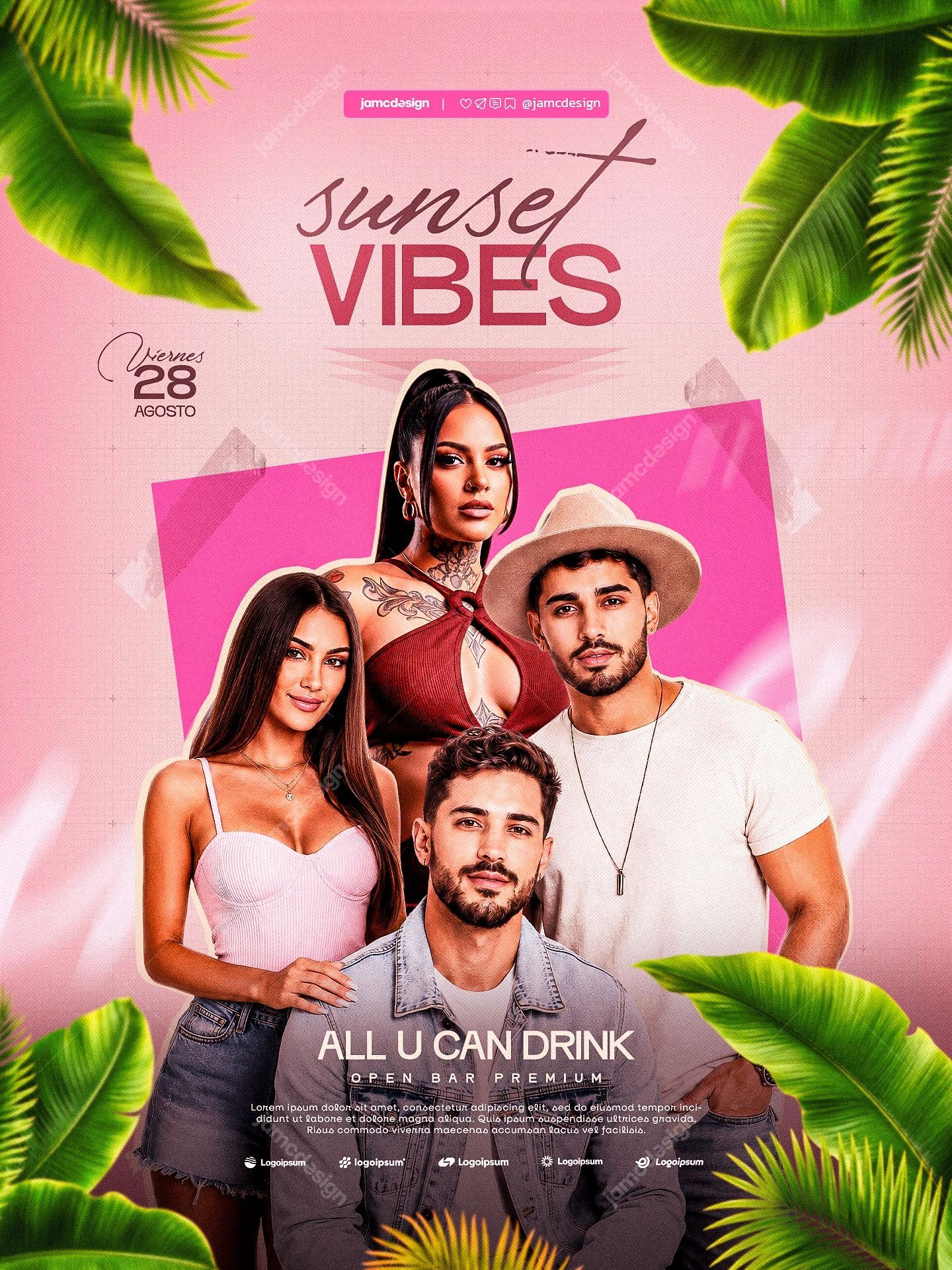 Sunset Vibes Bright Pink Models Flyer PSD. Editable PSD event flyer for a tropical nightlife gathering