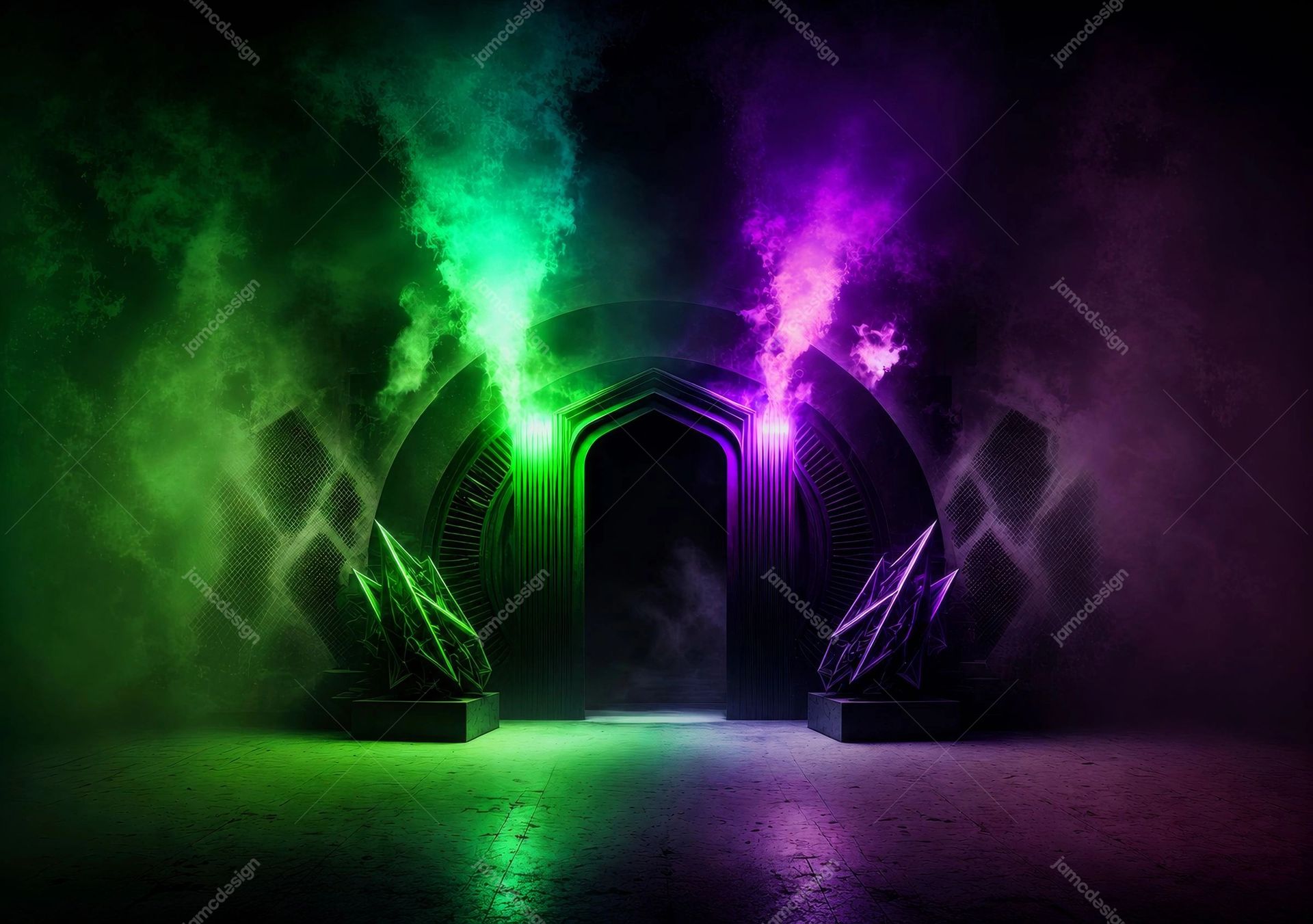 Neon Green Purple Portal Fantasy Background. JPG fantasy background of a dark arched portal flanked by angular crystal shapes