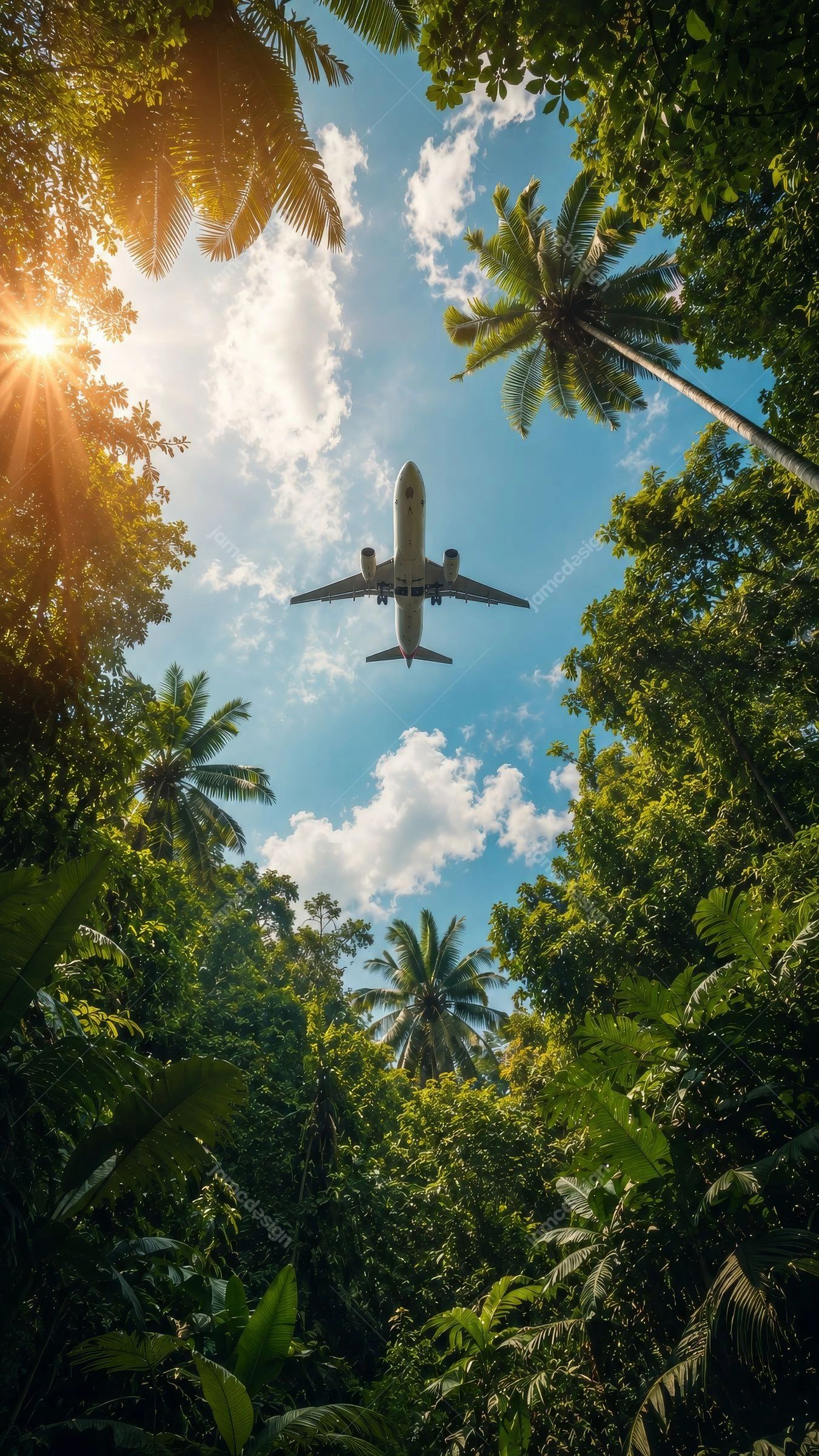 Airplane Flying Over Jungle Aesthetic Background