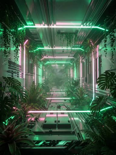Futuristic Greenhouse Corridor Plants Background
