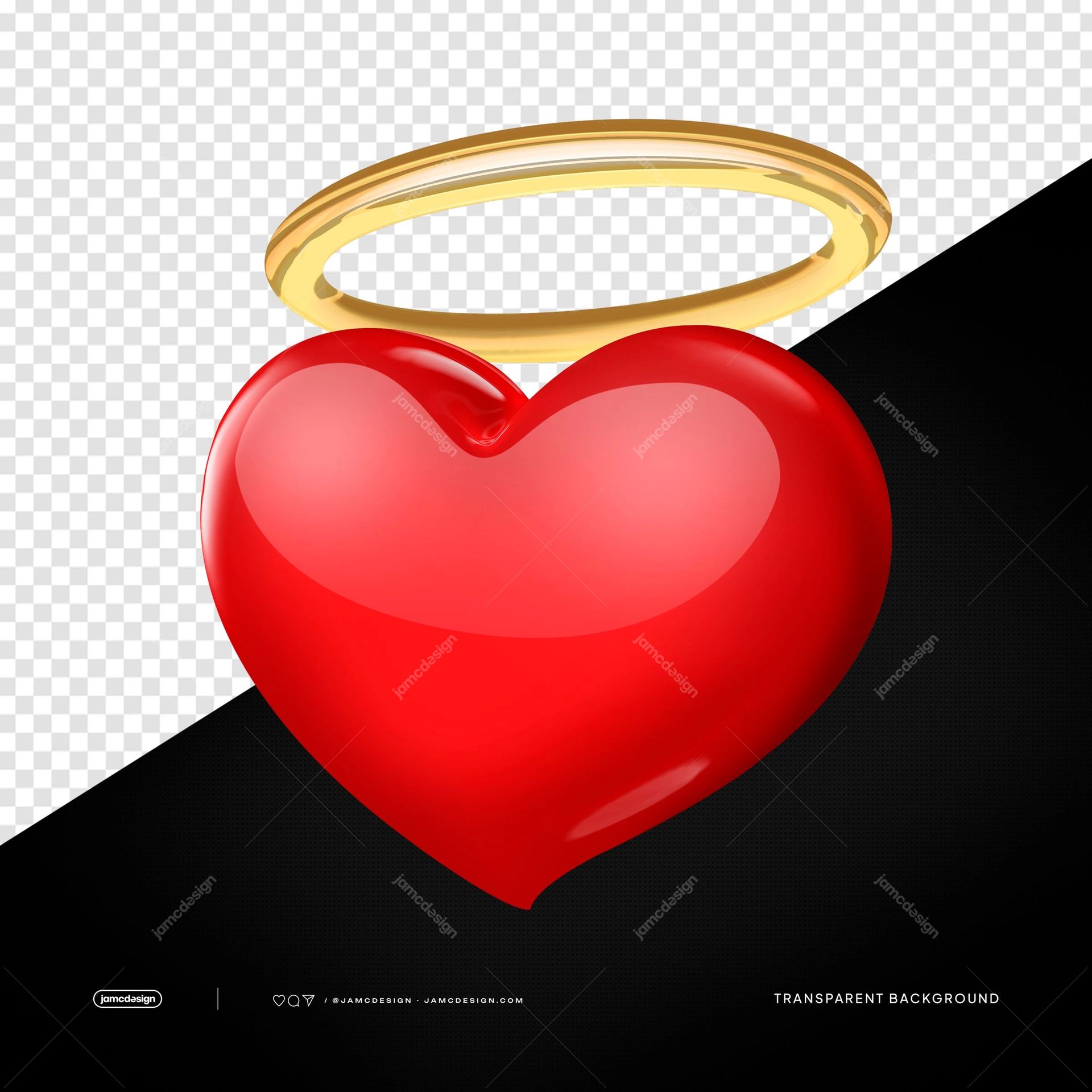 3D Red Angel Heart Golden Halo PNG Transparent Background. 3D rendered red heart topped with a golden halo ring, supplied as a PNG on a transparent background