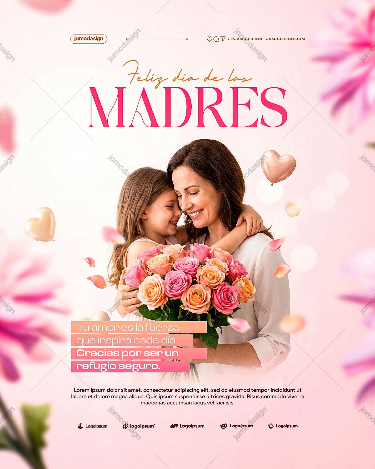 Dia De Las Madres Flyer Template PSD Editable. Editable PSD template for a Mother's Day flyer with a soft pink gradient background
