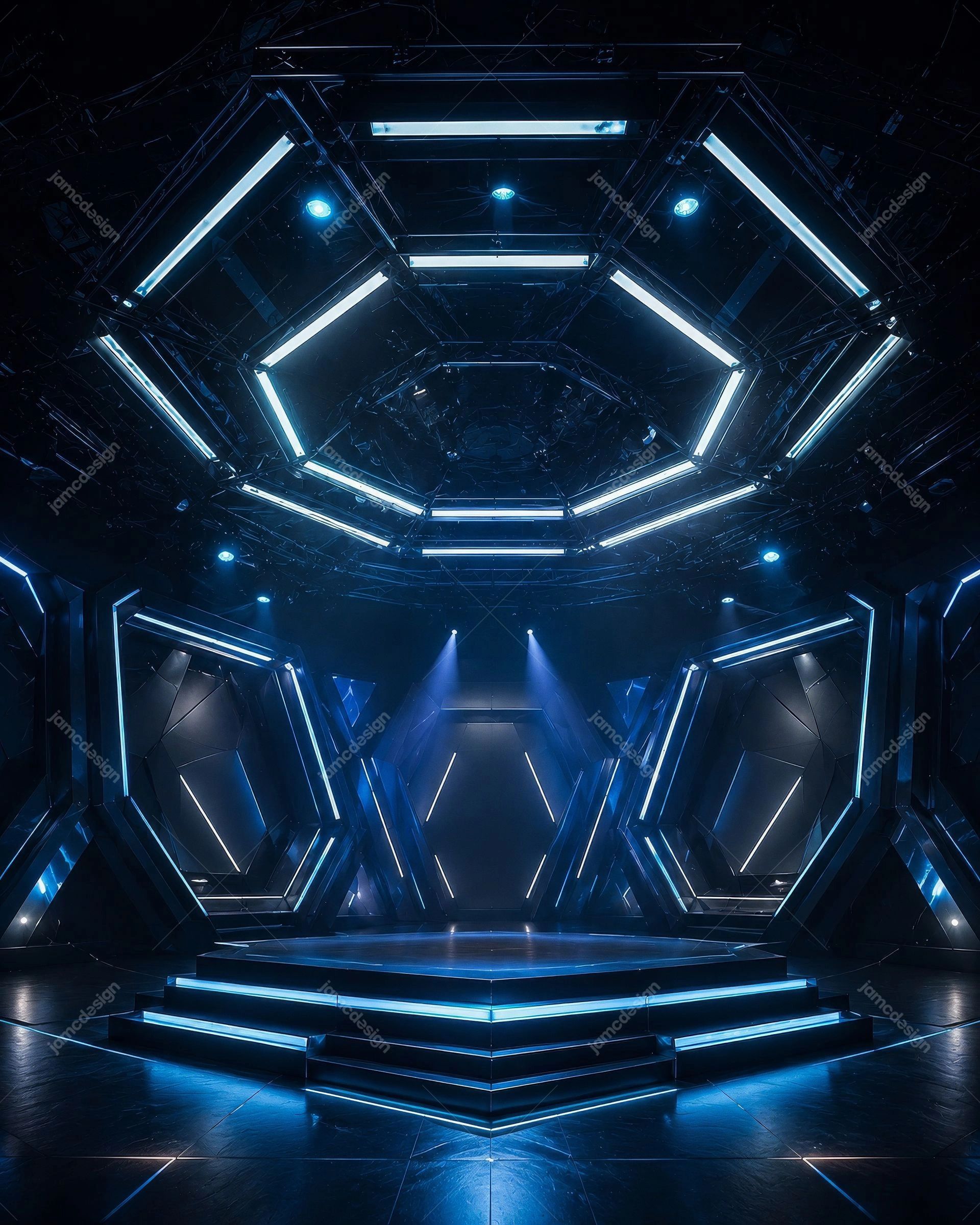 Futuristic Blue Neon Stage Interior Background