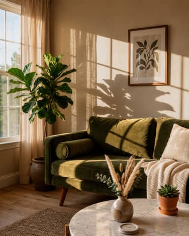 Modern Green Sofa Living Room Interior with Warm Sunlight