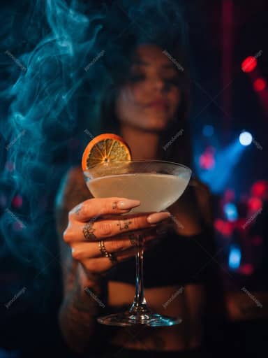 Smoky Citrus Cocktail Close Up In Blue Neon Bar Red Neon Cocktail JPG