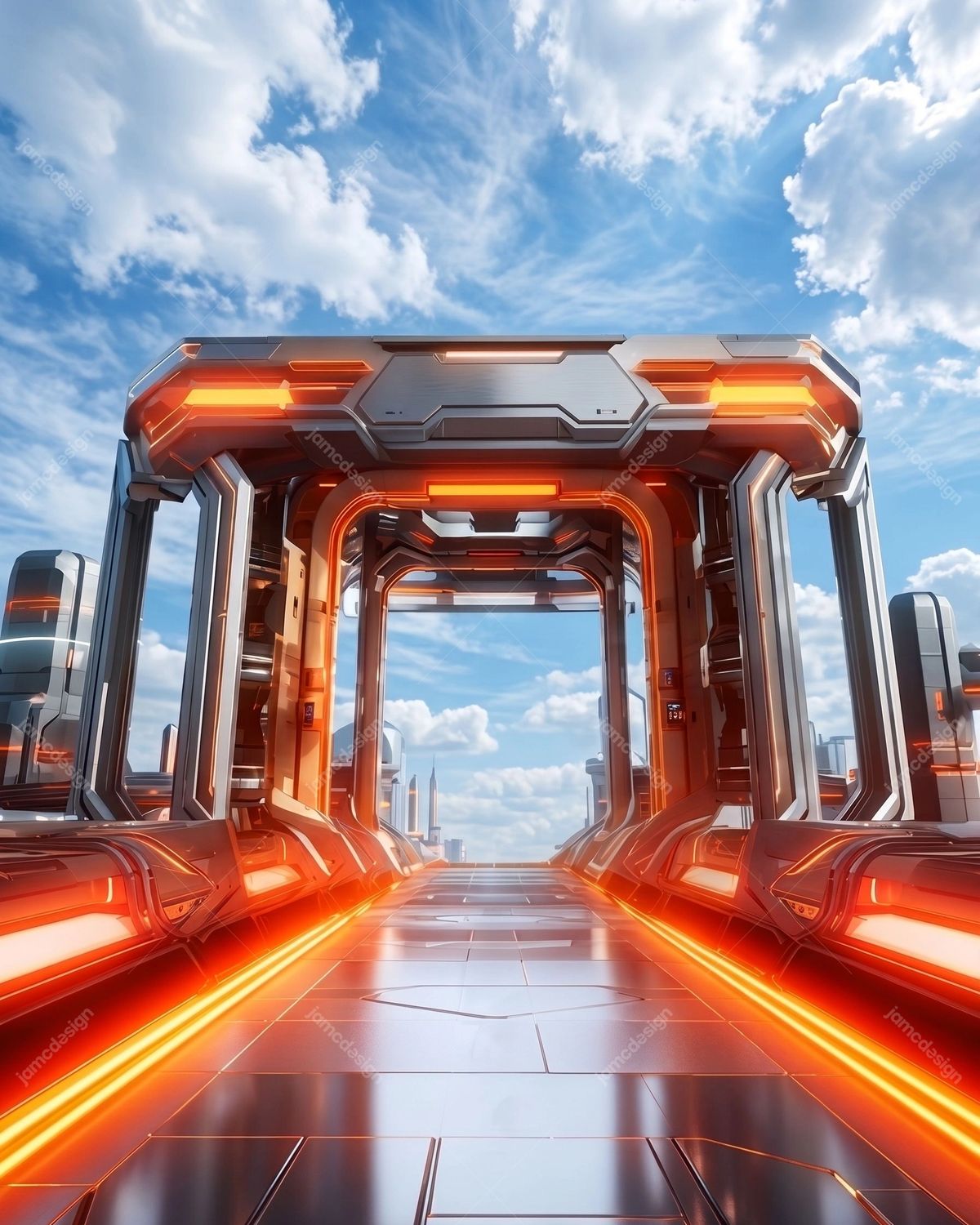 Sci Fi Corridor Orange Neon Lights Background