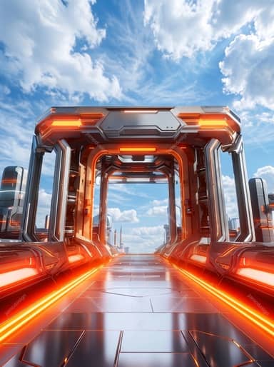 Sci Fi Corridor Orange Neon Lights Background