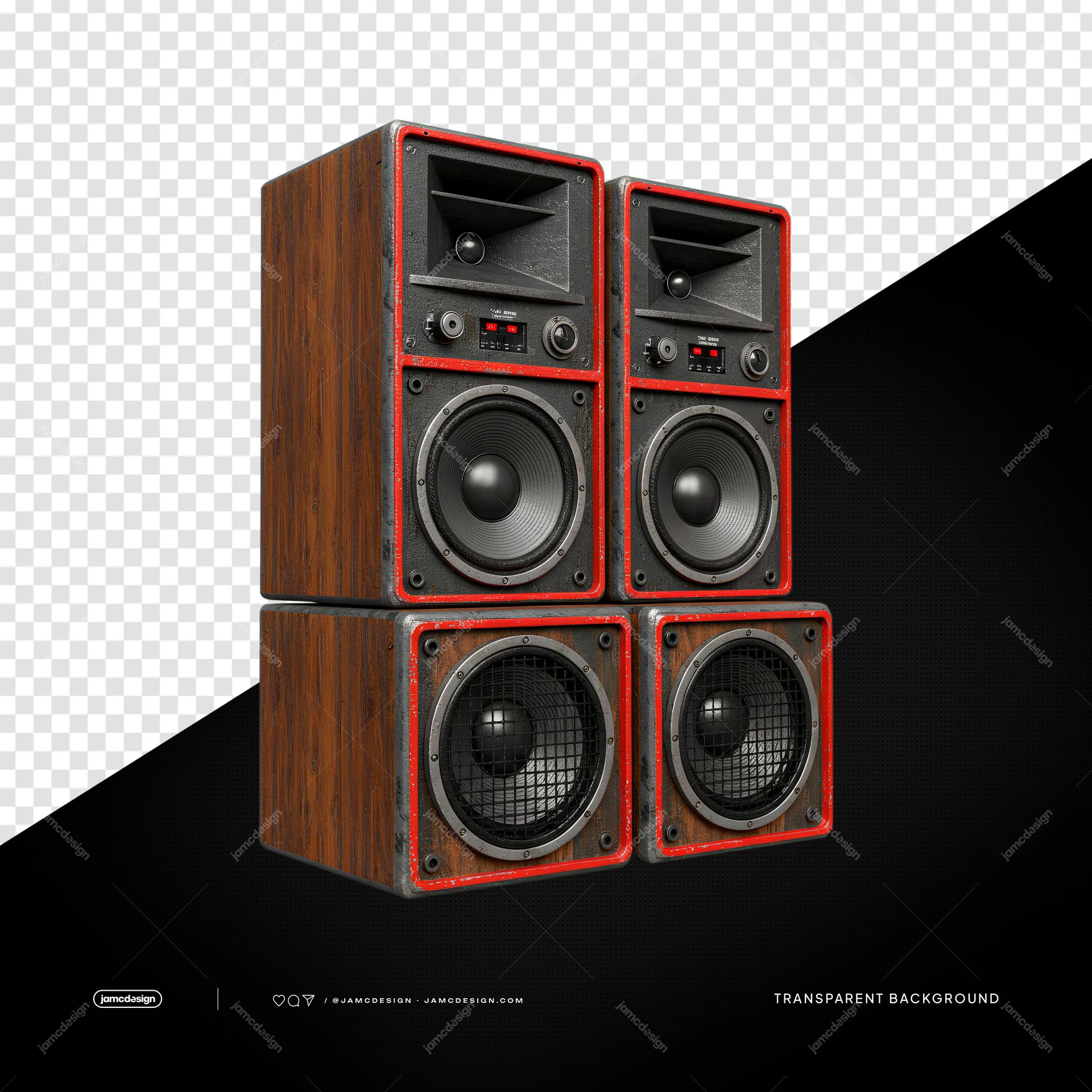 Black And Red Four Way Speaker Stack Dark Cabinet PNG Transparent. Four way speaker stack supplied as a PNG transparent object