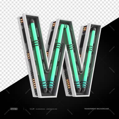 Letra W 3D Futurista Industrial Neon PNG Fundo Transparente