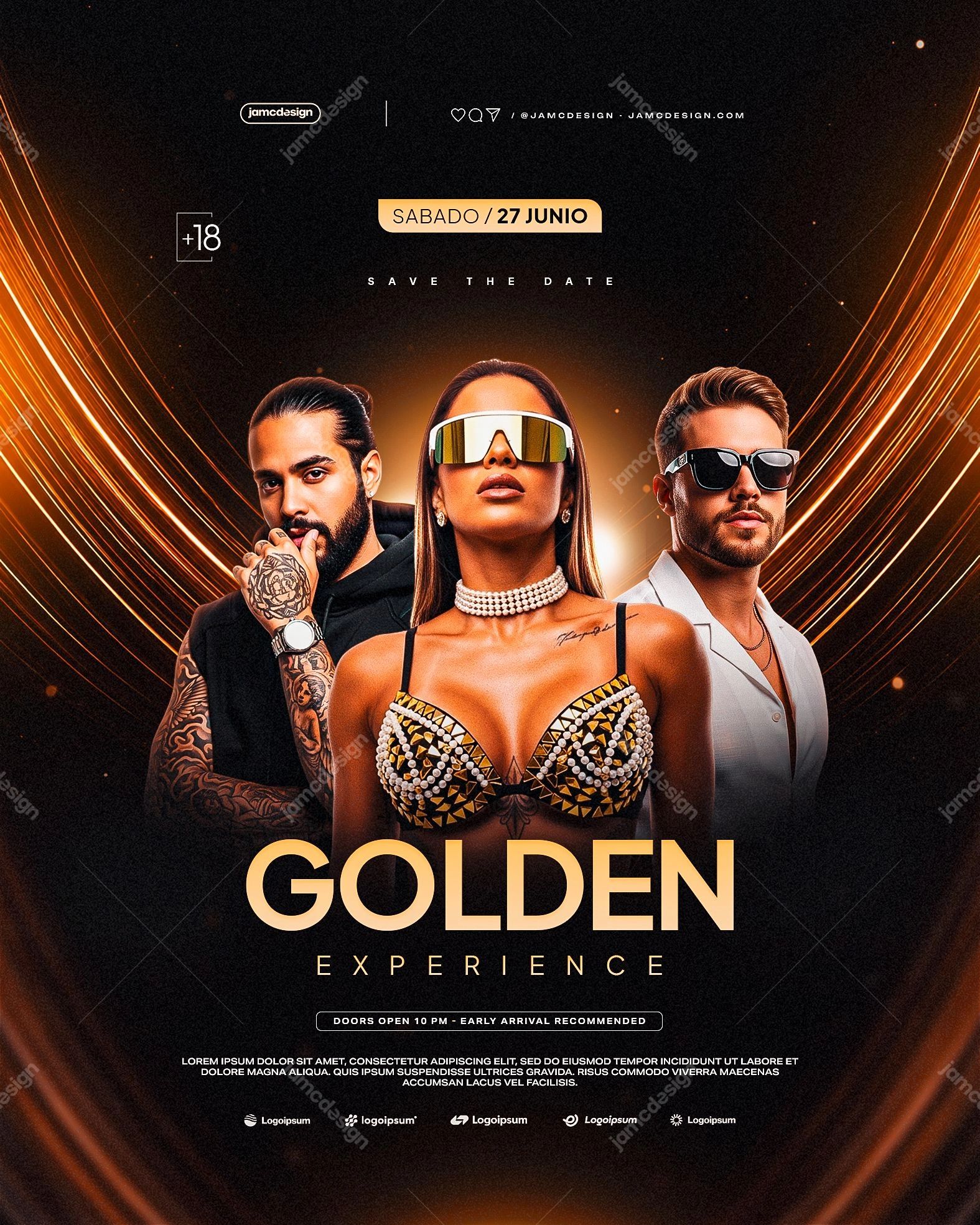 Golden Experience Flyer Template PSD Editable. Editable PSD template for a nightclub event flyer with a dark composition