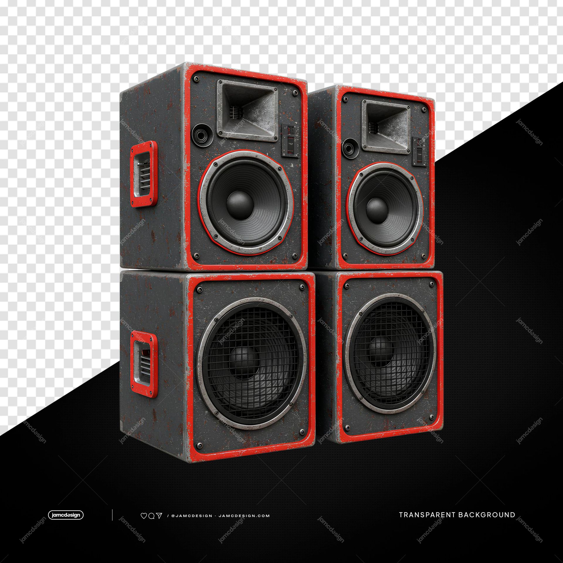Par de Torres de Altavoces Negras con Detalles Rojos PNG Transparente. Objeto PNG transparente que muestra un par de torres de altavoces negras y robustas