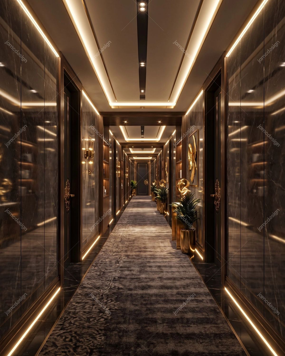 Dark Modern Futuristic Hotel Corridor Background